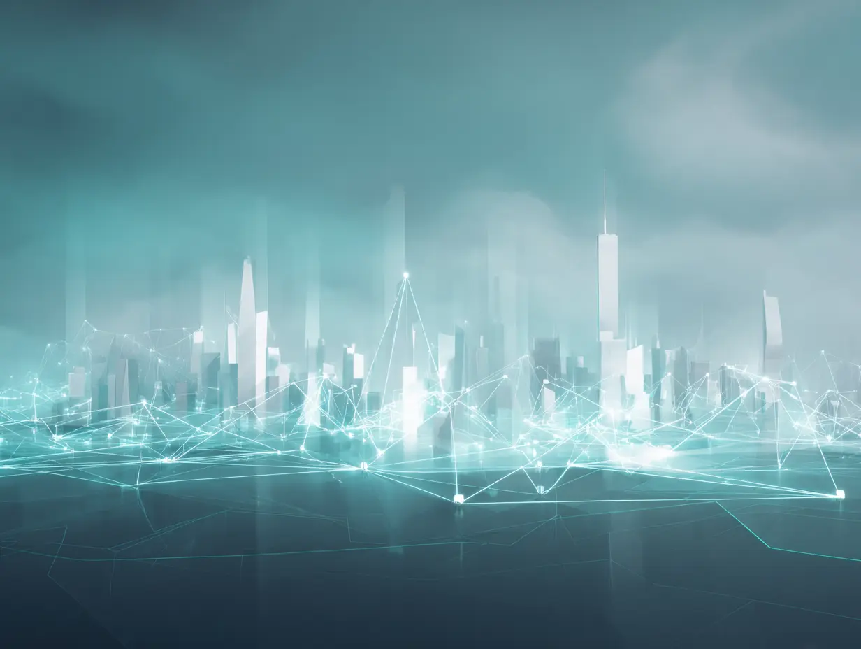 AI Digital Marketing Agency in Vancouver. A futuristic digital cityscape with glowing teal network lines connecting buildings, representing AI technology, data flow, and smart digital infrastructure.