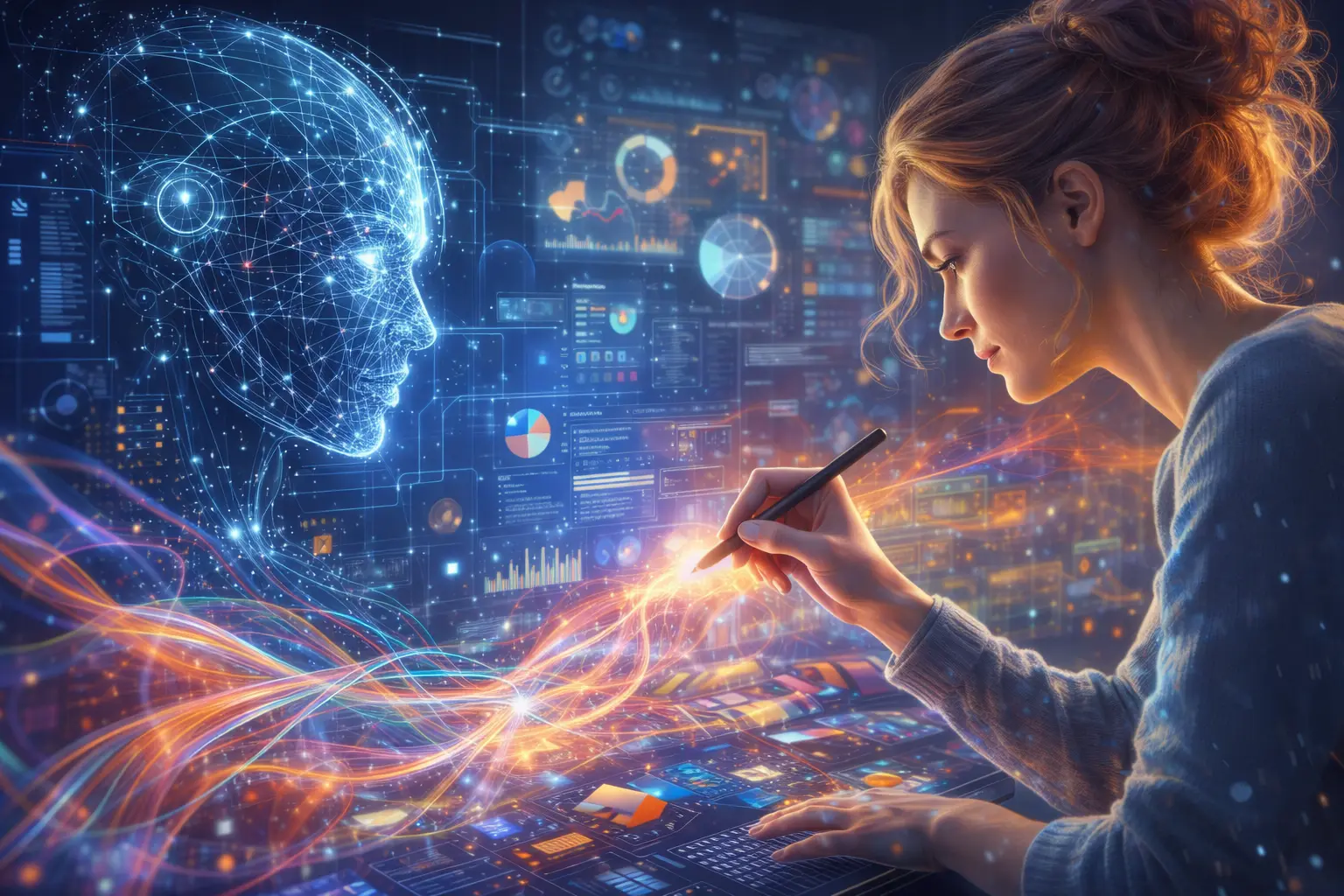 AI Branding Strategy- Human creativity interacting with AI interface to create data-driven brand storytelling