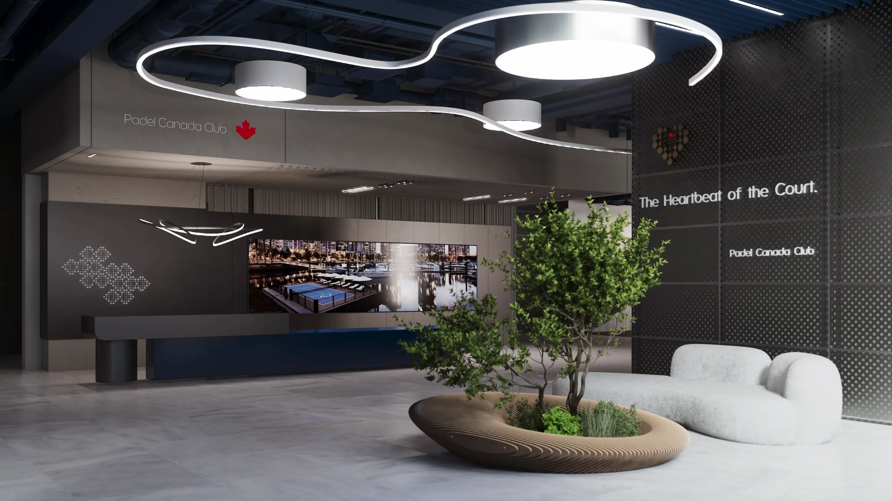 Modern sports club lobby architectural visualization for Padel Canada Club, featuring curved reception desk, statement ceiling lighting, branded wall graphics, indoor greenery, and contemporary seating.