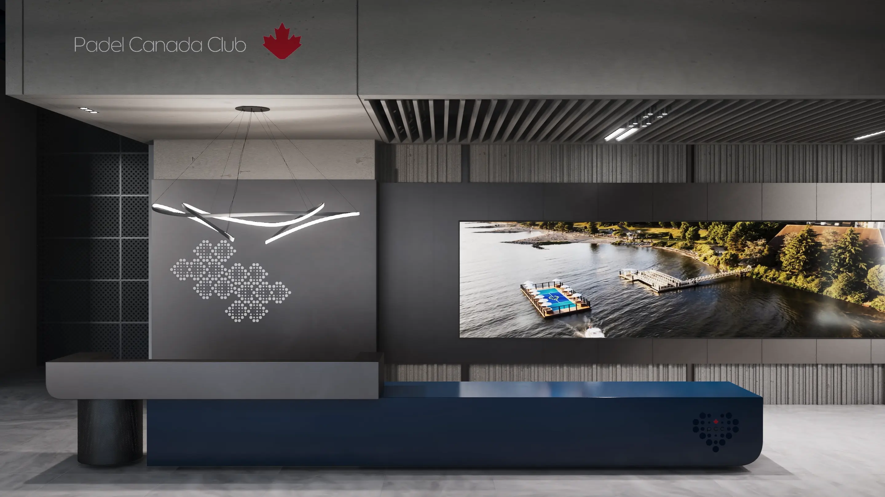 Reception area architectural visualization of Padel Canada Club featuring modern desk design