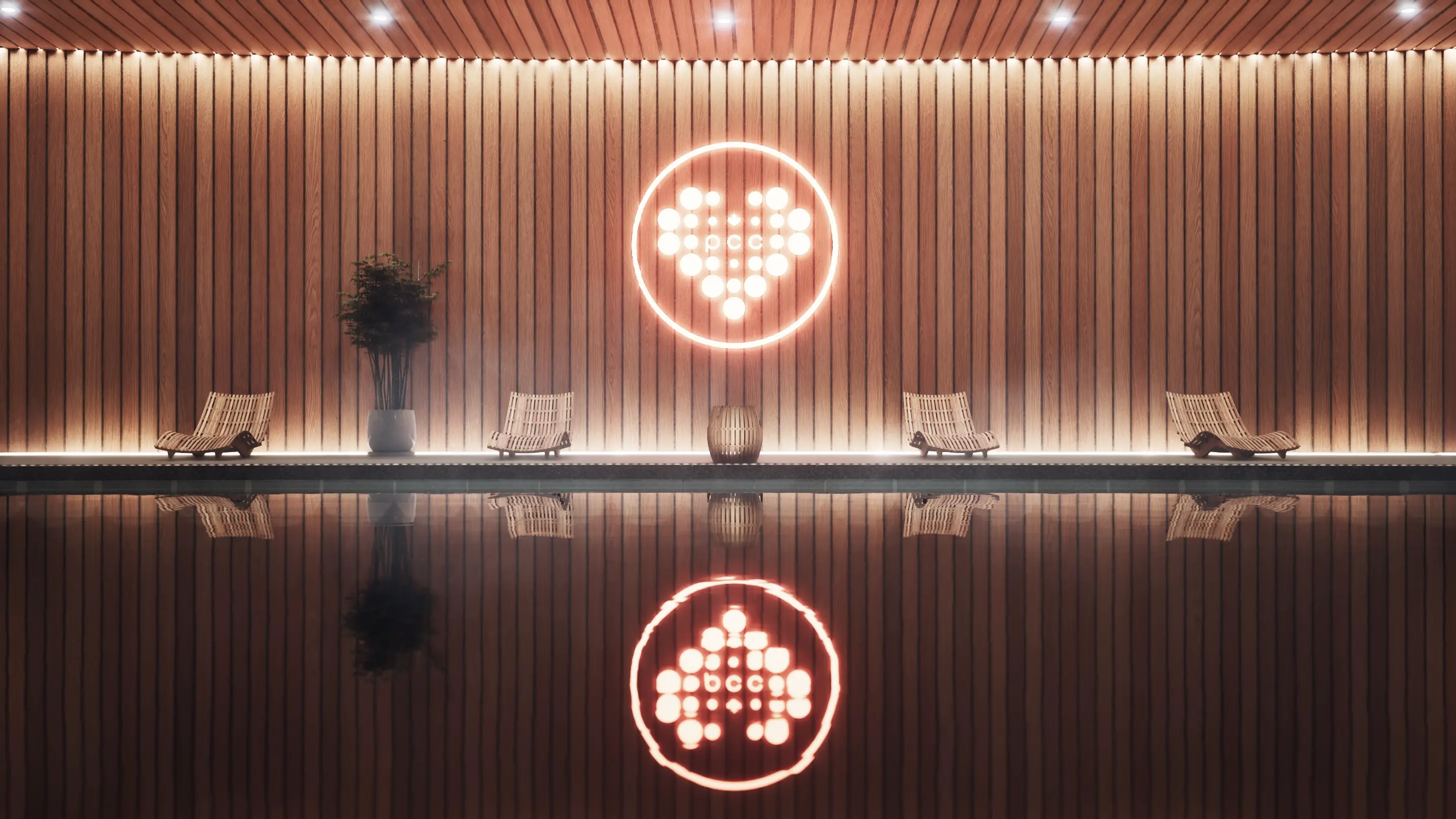 Photorealistic architectural visualization of a luxury indoor spa with vertical timber wall panels, glowing circular logo feature, lounge chairs, and reflective pool surface.