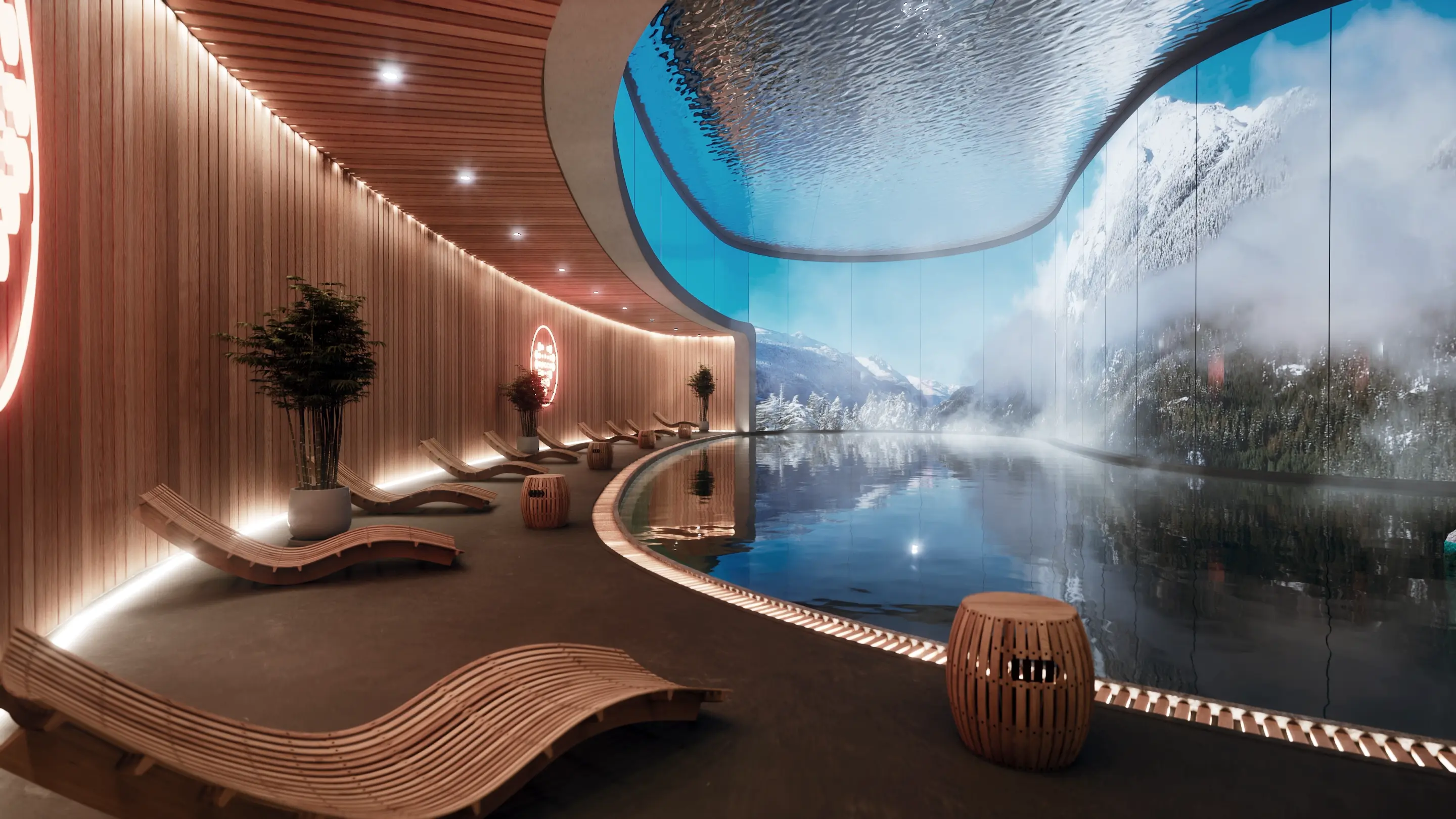 Luxury indoor spa pool rendered through architectural visualization, featuring curved wooden walls, lounge chairs, reflective water ceiling, and panoramic mountain views through floor-to-ceiling glass.