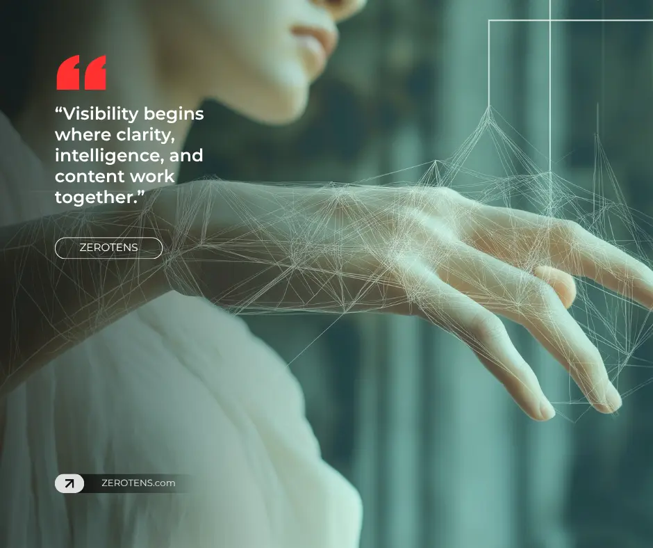 AI search visibility concept showing human hand connected with digital network and data intelligence layers