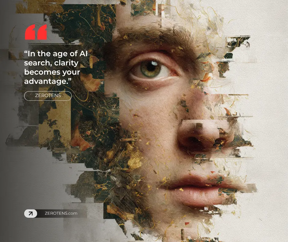 AI search visibility represented by human eye with fragmented digital layers and AI-driven perception