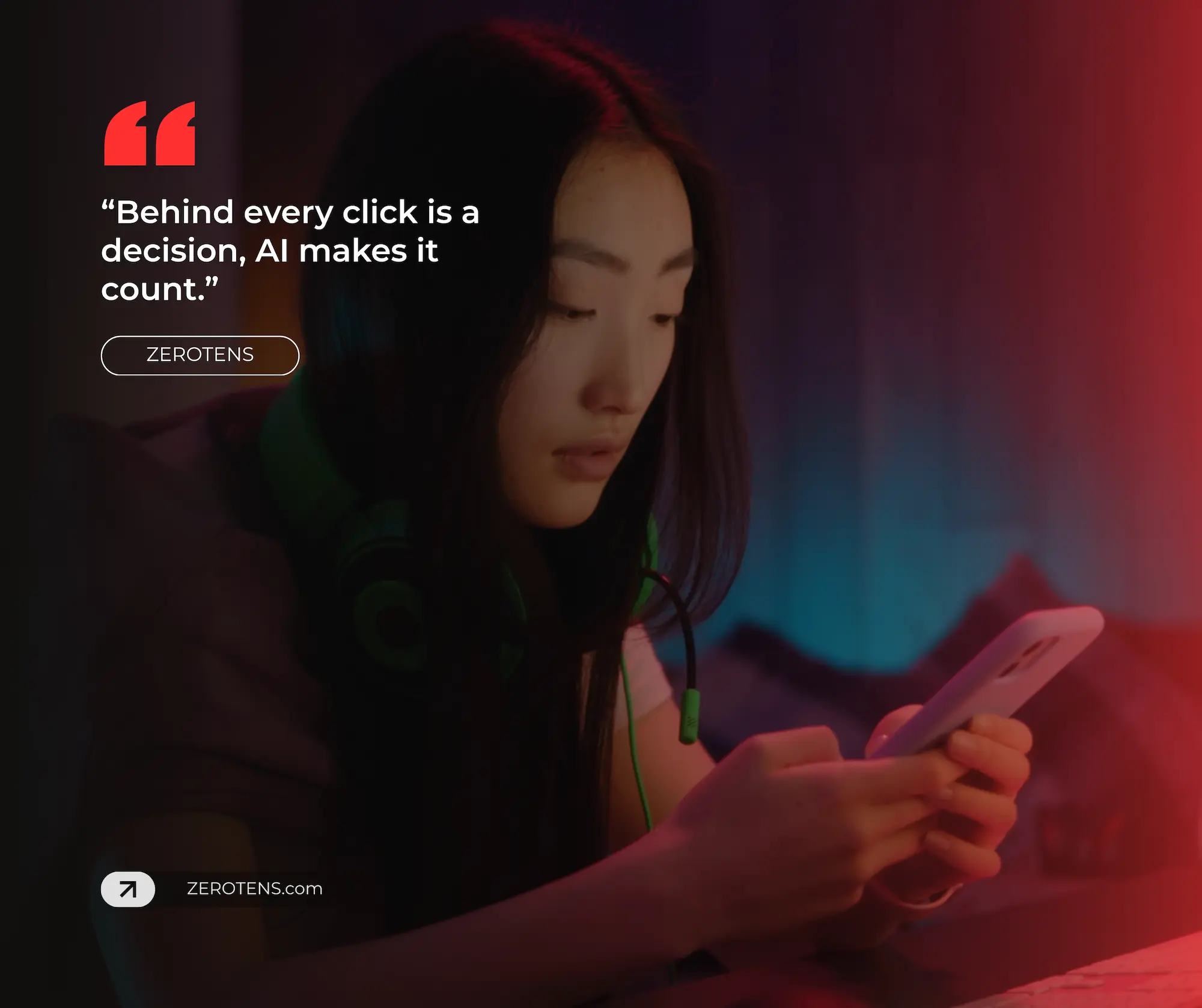 AI advertising agency, Young woman using a smartphone in a low-light environment with neon lighting, representing AI-driven decision-making in digital advertising and smart automation for optimized clicks.