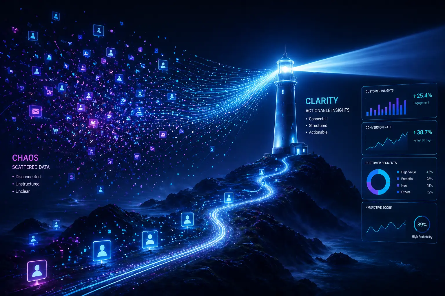 AI CRM system turning scattered data into structured dashboards with real-time customer behavior insights