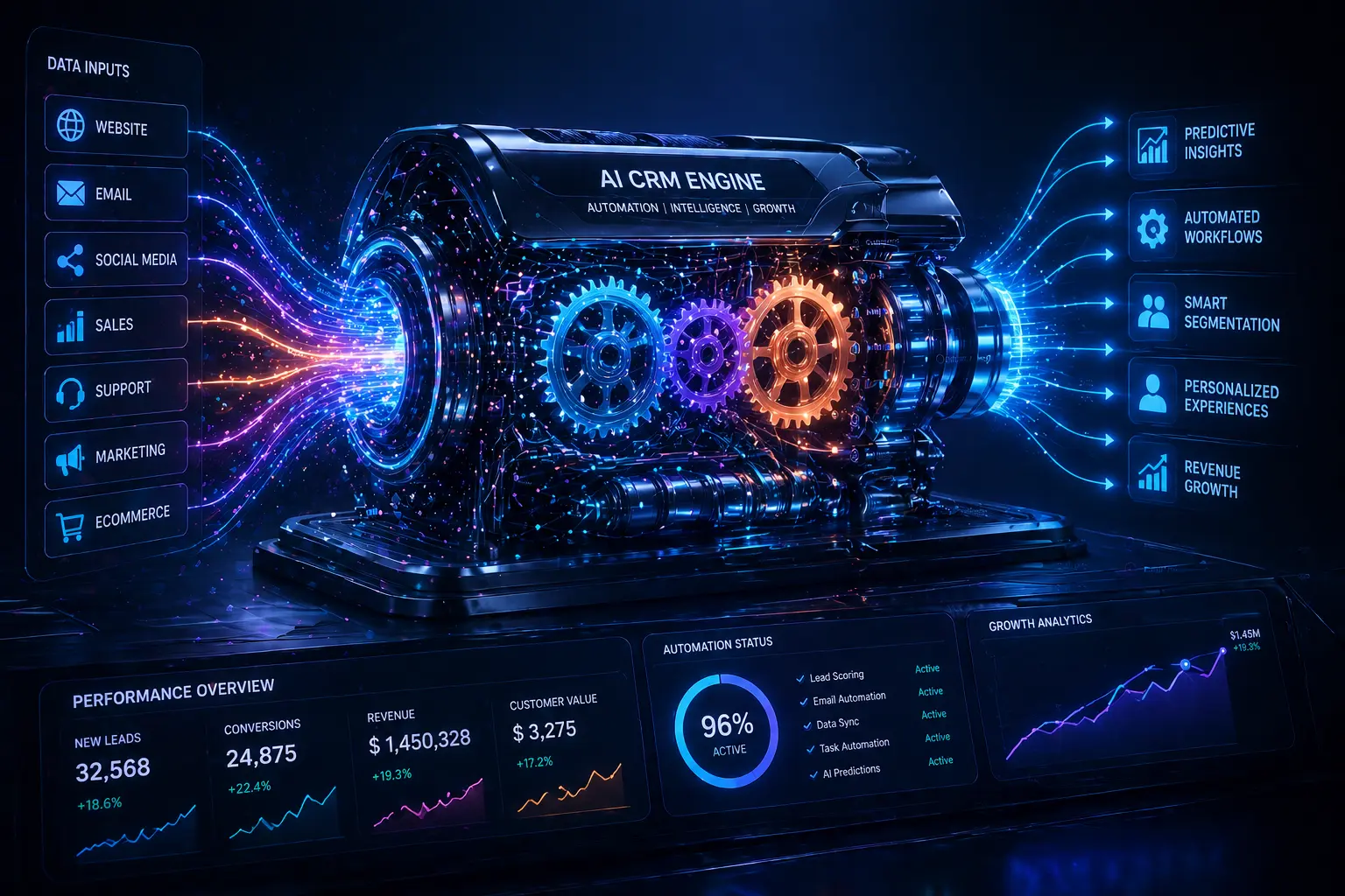 Futuristic AI CRM engine powered by data streams with glowing gears and analytics dashboards