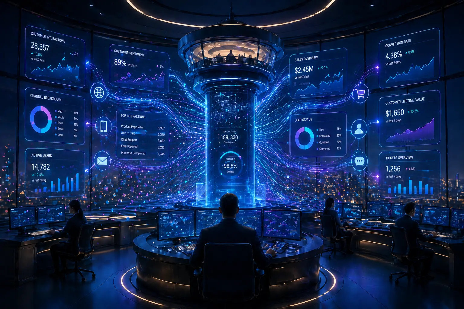 Futuristic control tower with AI CRM dashboards analyzing customer interactions and data streams in real time.