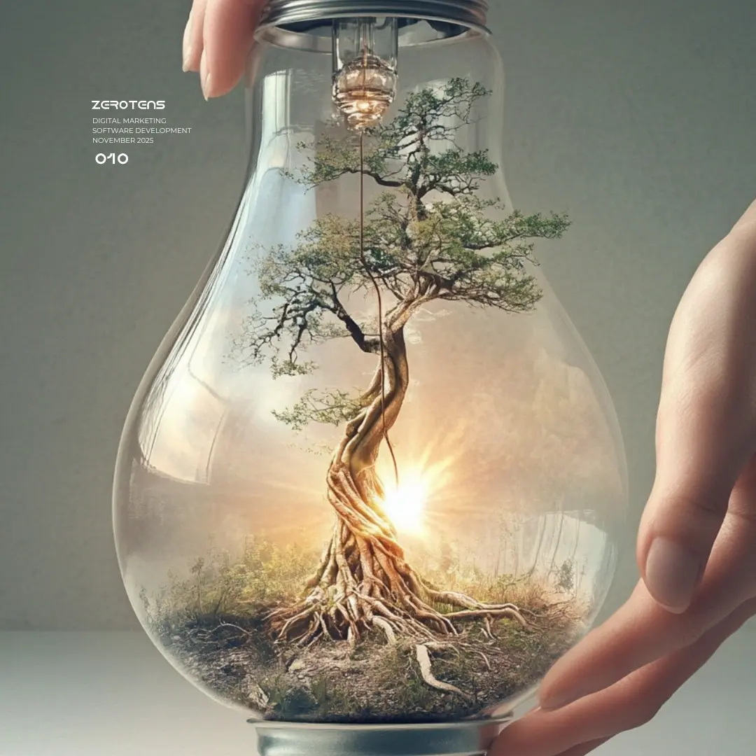 branding for startups:A glowing light bulb encasing a small tree with deep roots, illuminated by warm sunlight, symbolizing growth, sustainability, and innovative ideas. Hands gently hold the bulb, representing protection, creativity, and eco-focused technology.