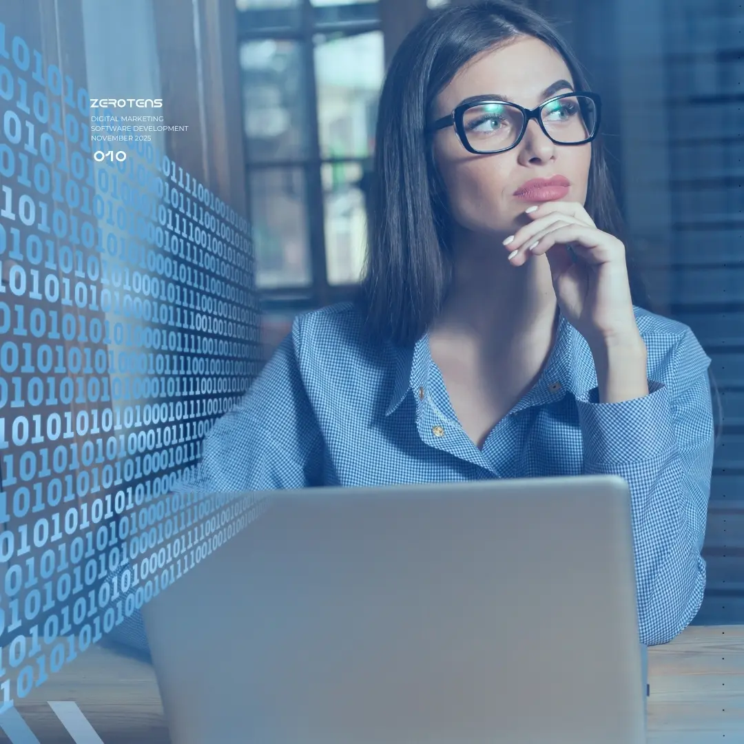 A young woman wearing glasses works on a laptop while digital binary code flows beside her, symbolizing AI, data-driven creativity, and modern technology.