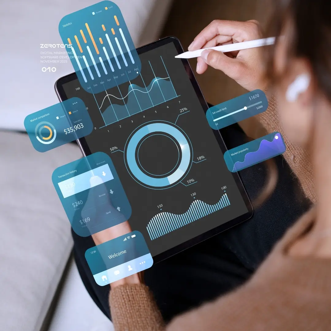 A person using a tablet with floating digital analytics, charts, and data visualizations, representing AI-driven insights and performance tracking.