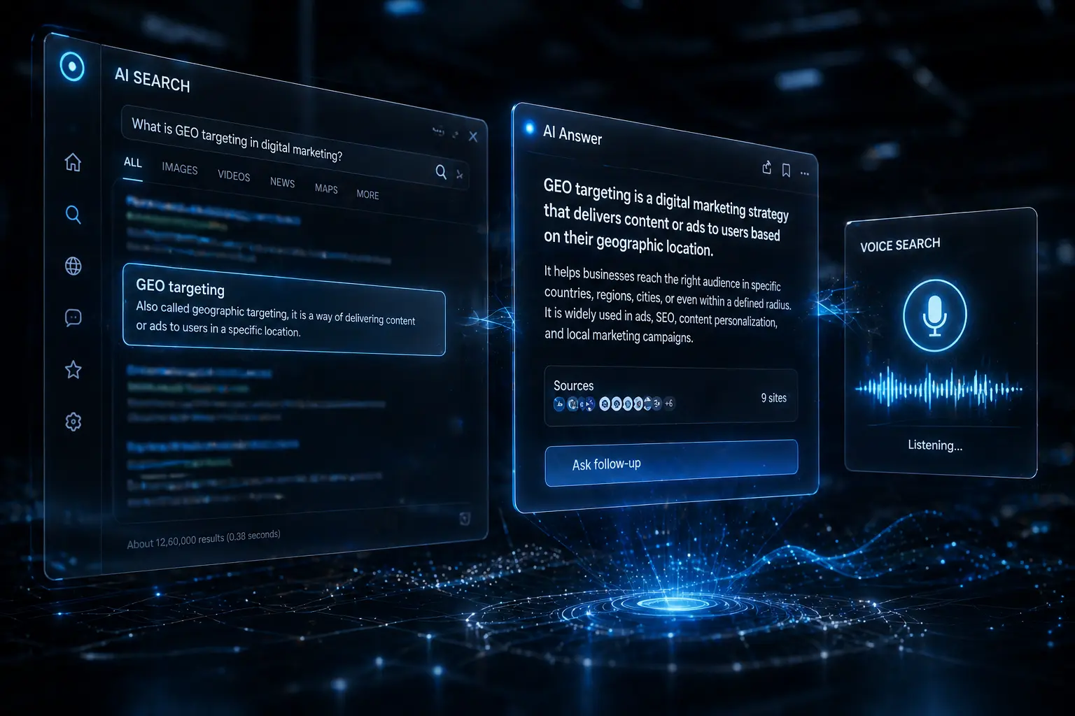 AI search interface showing GEO targeting results, voice search assistant, and data panels representing Global SEO and GEO Targeting, international SEO, and AI visibility.
