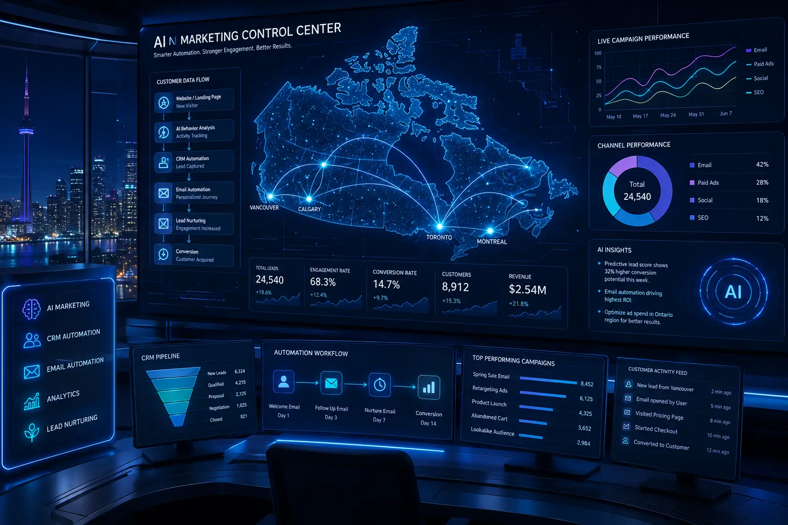 Futuristic split-screen visualization comparing outdated mass marketing with AI-powered personalized customer journeys.