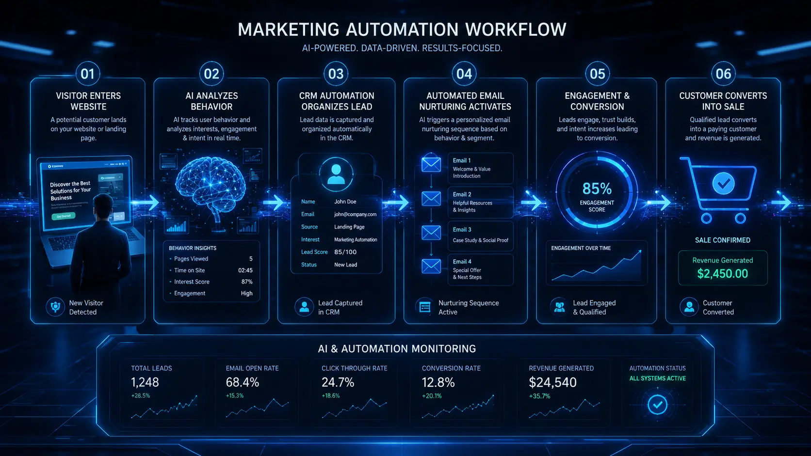 Futuristic split-screen visualization comparing outdated mass marketing with AI-powered personalized customer journeys, featuring CRM automation dashboards, smart segmentation, targeted email workflows, campaign optimization analytics, and holographic marketing interfaces in a modern blue neon tech environment.