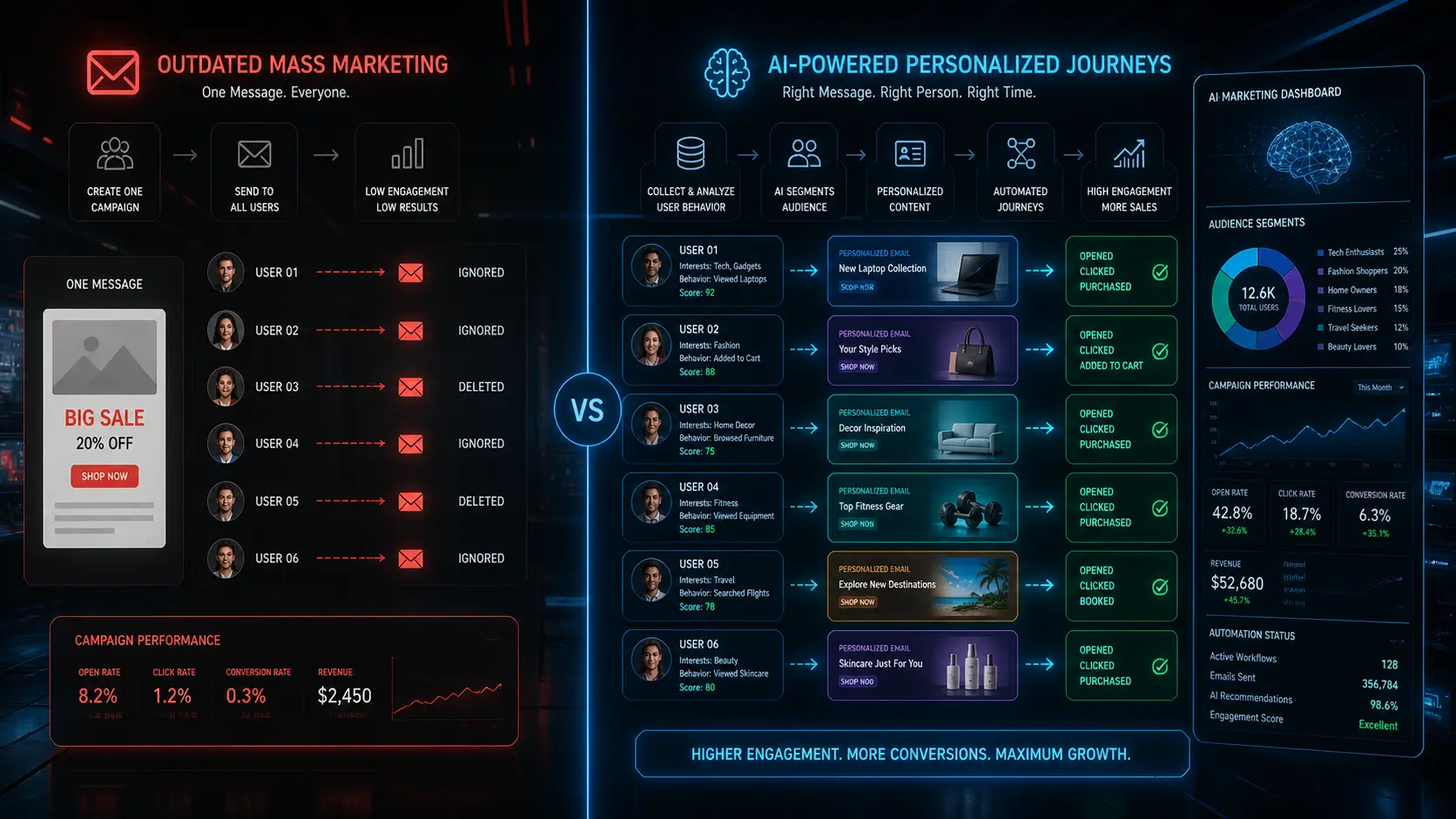 AI-powered campaign optimization control center displaying real-time marketing analytics, conversion tracking, audience targeting systems, predictive performance dashboards, and automated advertising workflows in a futuristic digital environment.