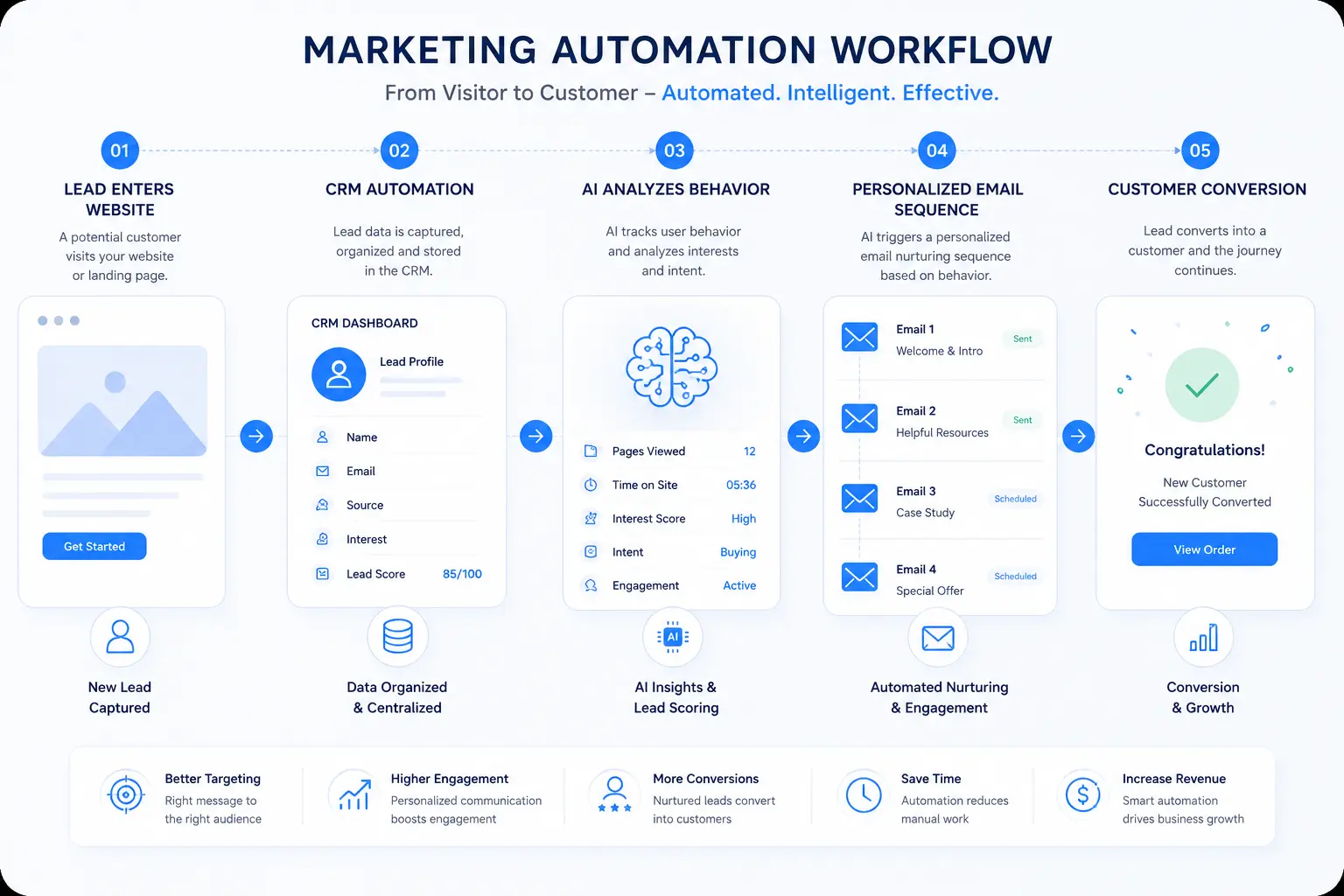Marketing Automation in Canada: AI-powered marketing automation workflow showing lead capture, CRM automation, customer behavior analysis, personalized email sequences, and customer conversion process.