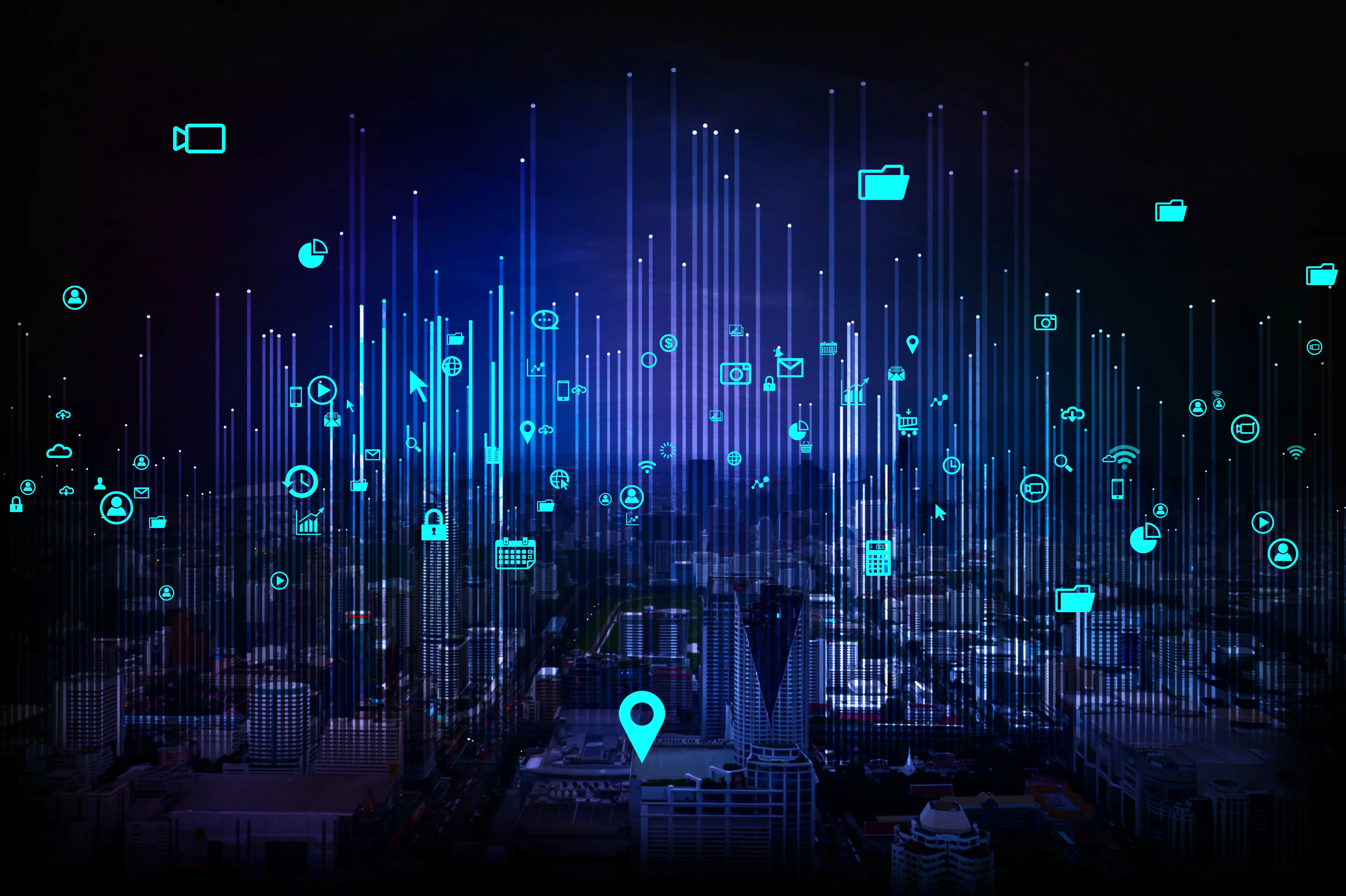 Futuristic digital cityscape with glowing location pins and data connections representing Global SEO and GEO Targeting, AI visibility, and multi-region search optimization.