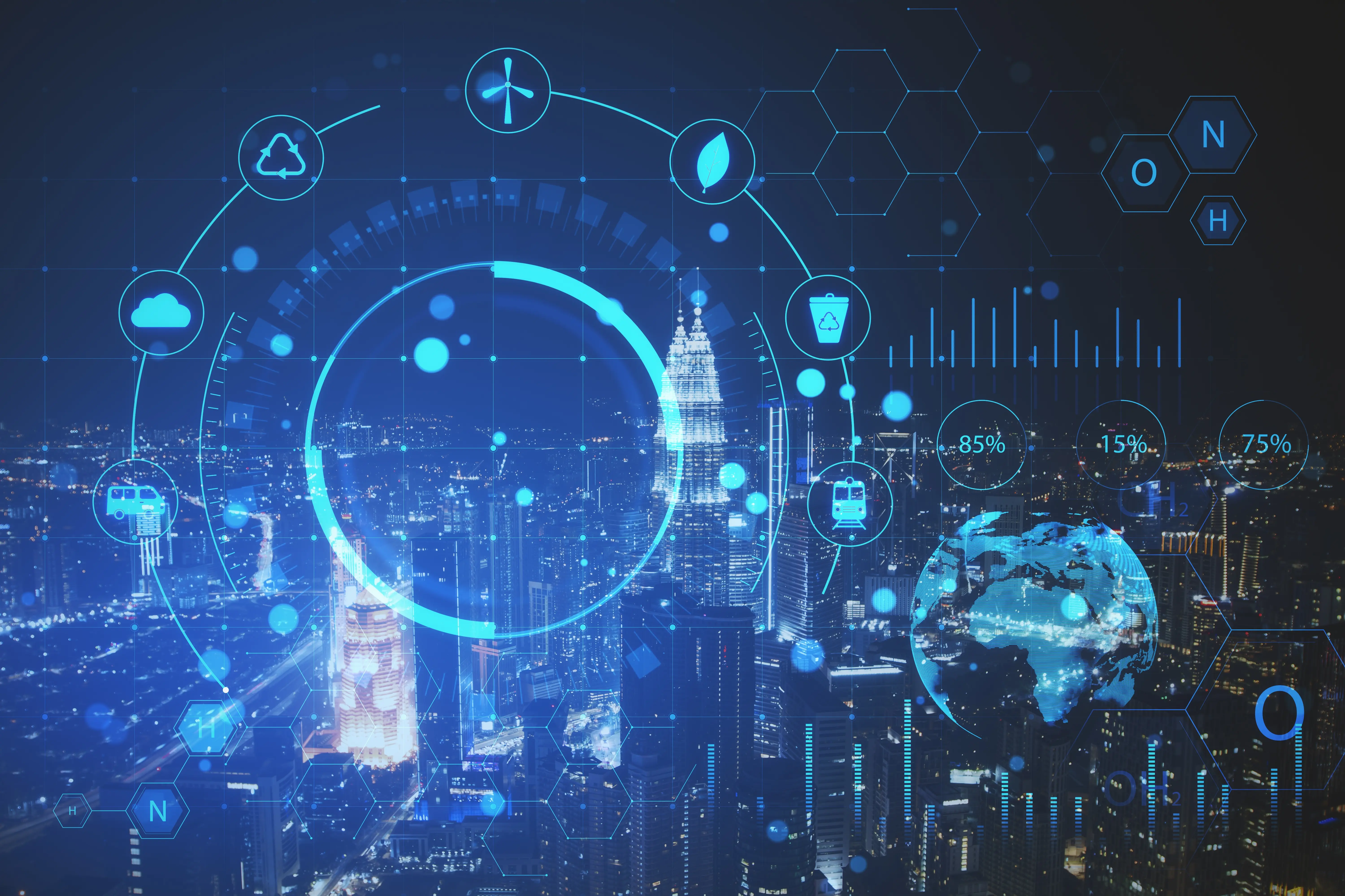 Global digital network overlay on city skyline with data icons and analytics representing Global SEO and GEO Targeting, international SEO, and AI-driven visibility.