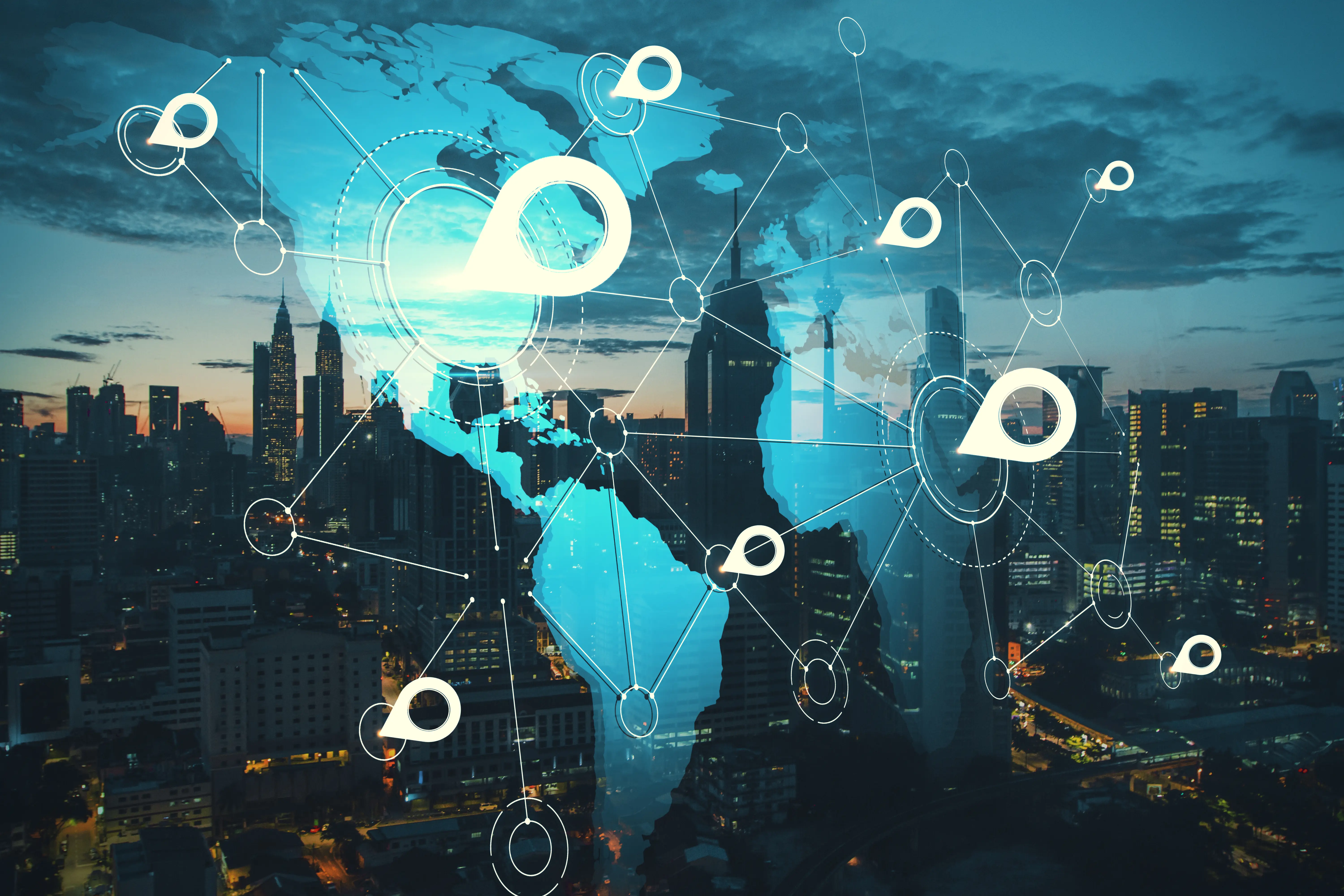Global SEO and GEO targeting concept showing digital connections across world map over urban city skyline