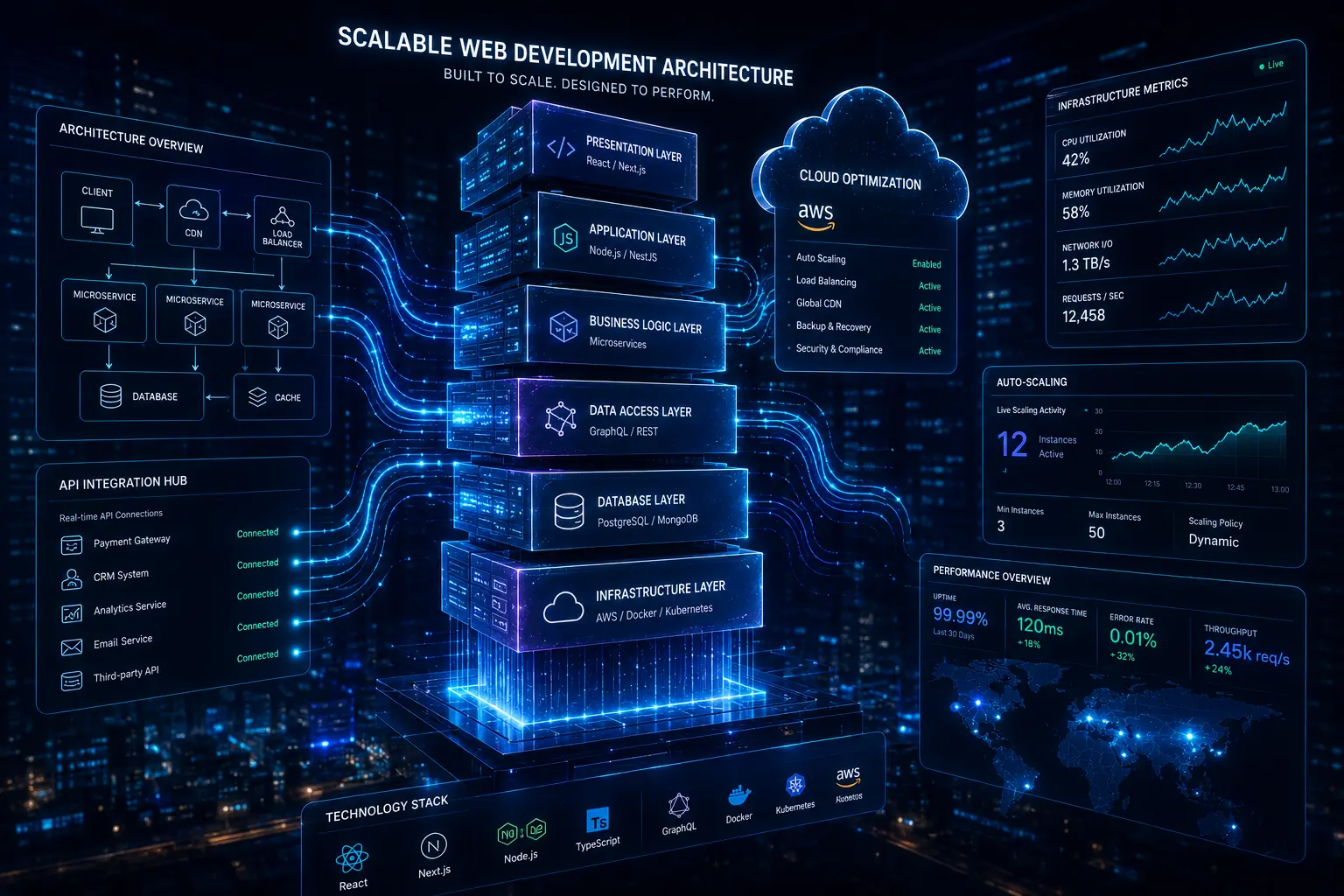 scalable web development architecture showing modular code blocks cloud optimization and API integration dashboards