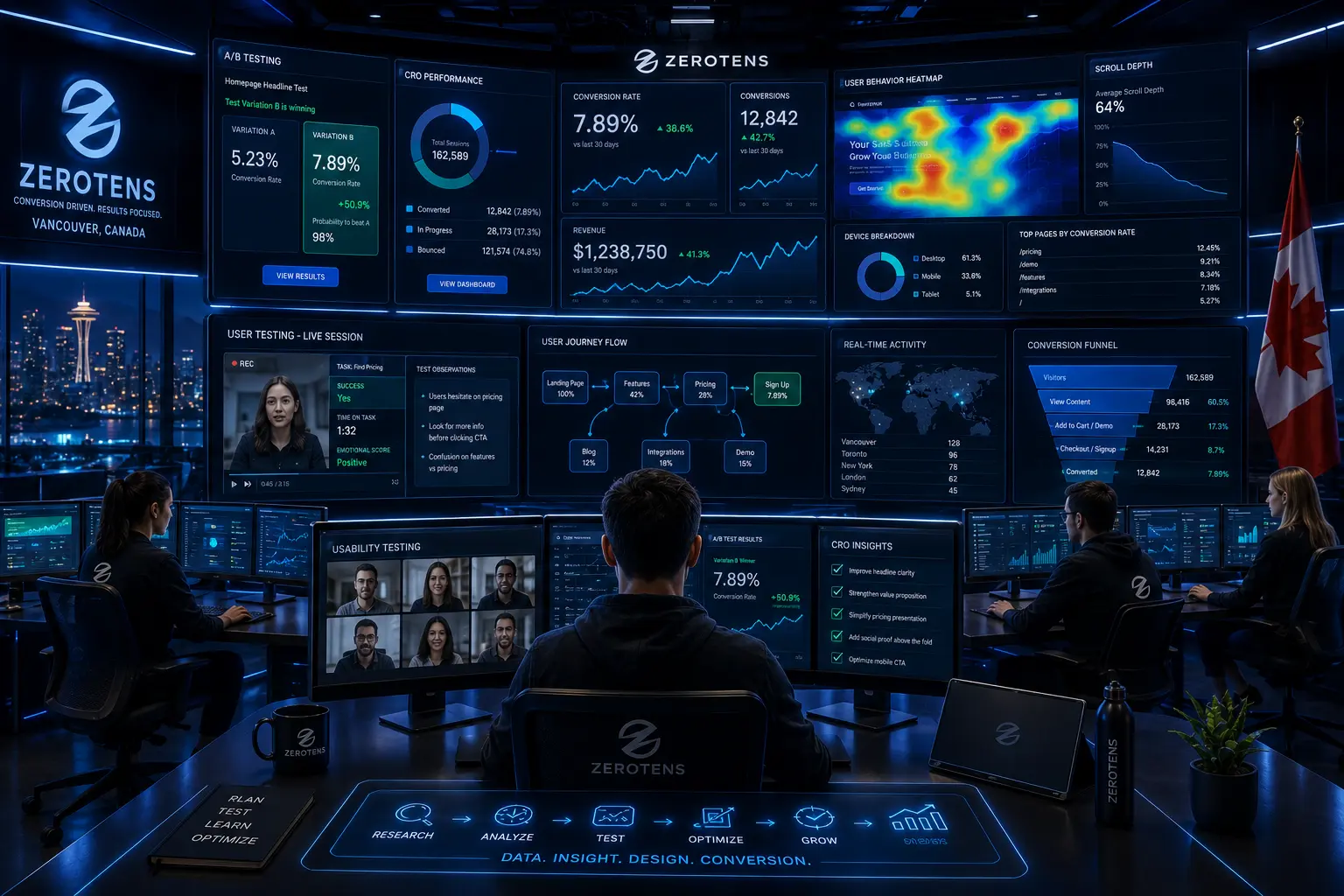 Team analyzing conversion-focused web design CRO metrics and usability testing results on futuristic dashboards