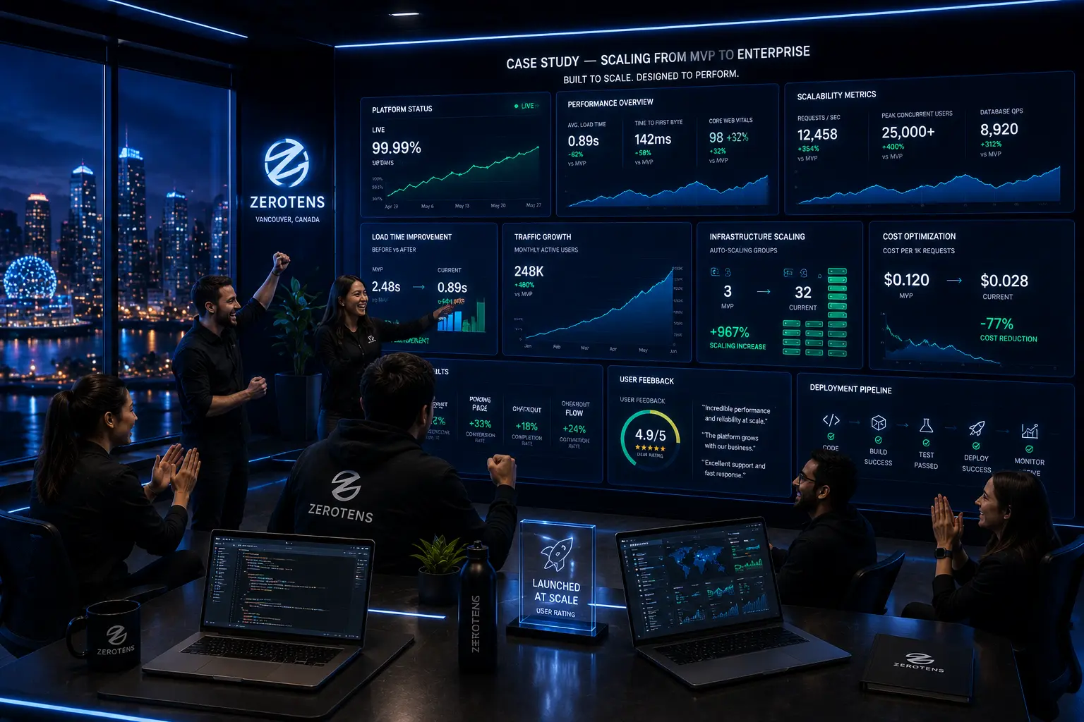 team reviewing scalable web development performance metrics and backend scalability dashboards with Vancouver skyline