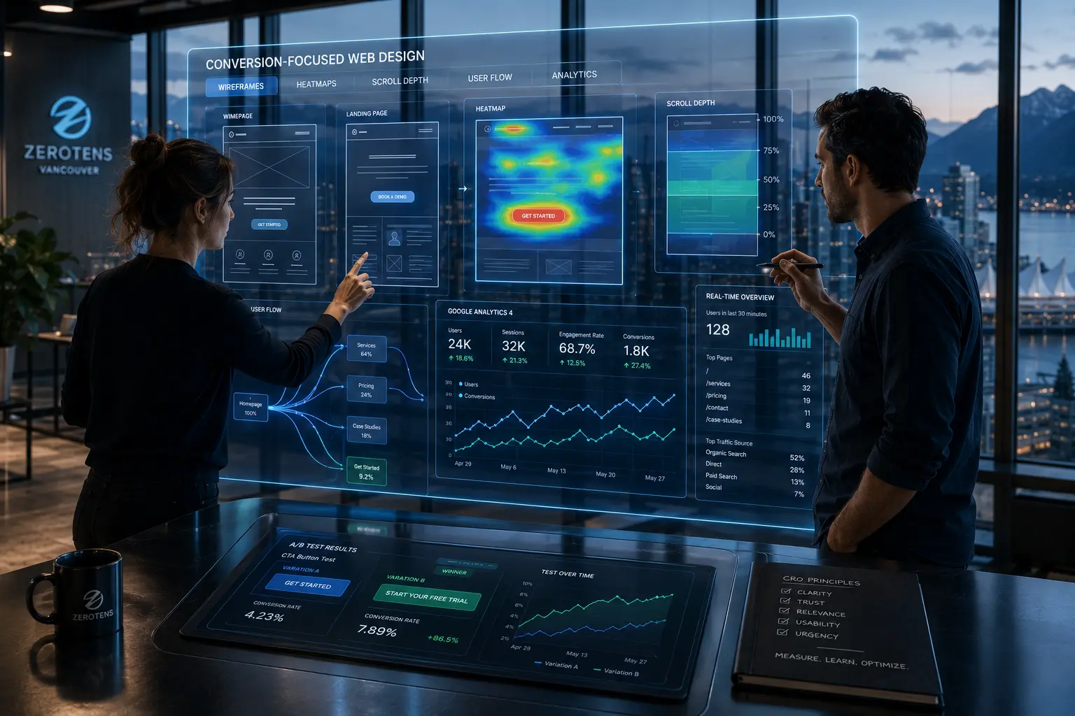 designer and analyst reviewing conversion-focused web design wireframes and analytics data in Vancouver office