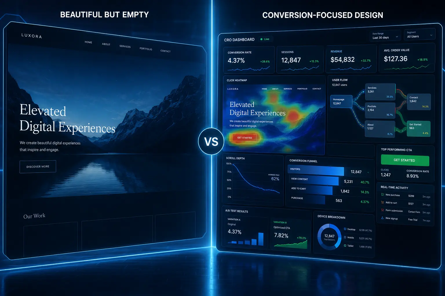 Conversion-focused web design dashboard showing CRO analytics heatmaps and user behavior metrics