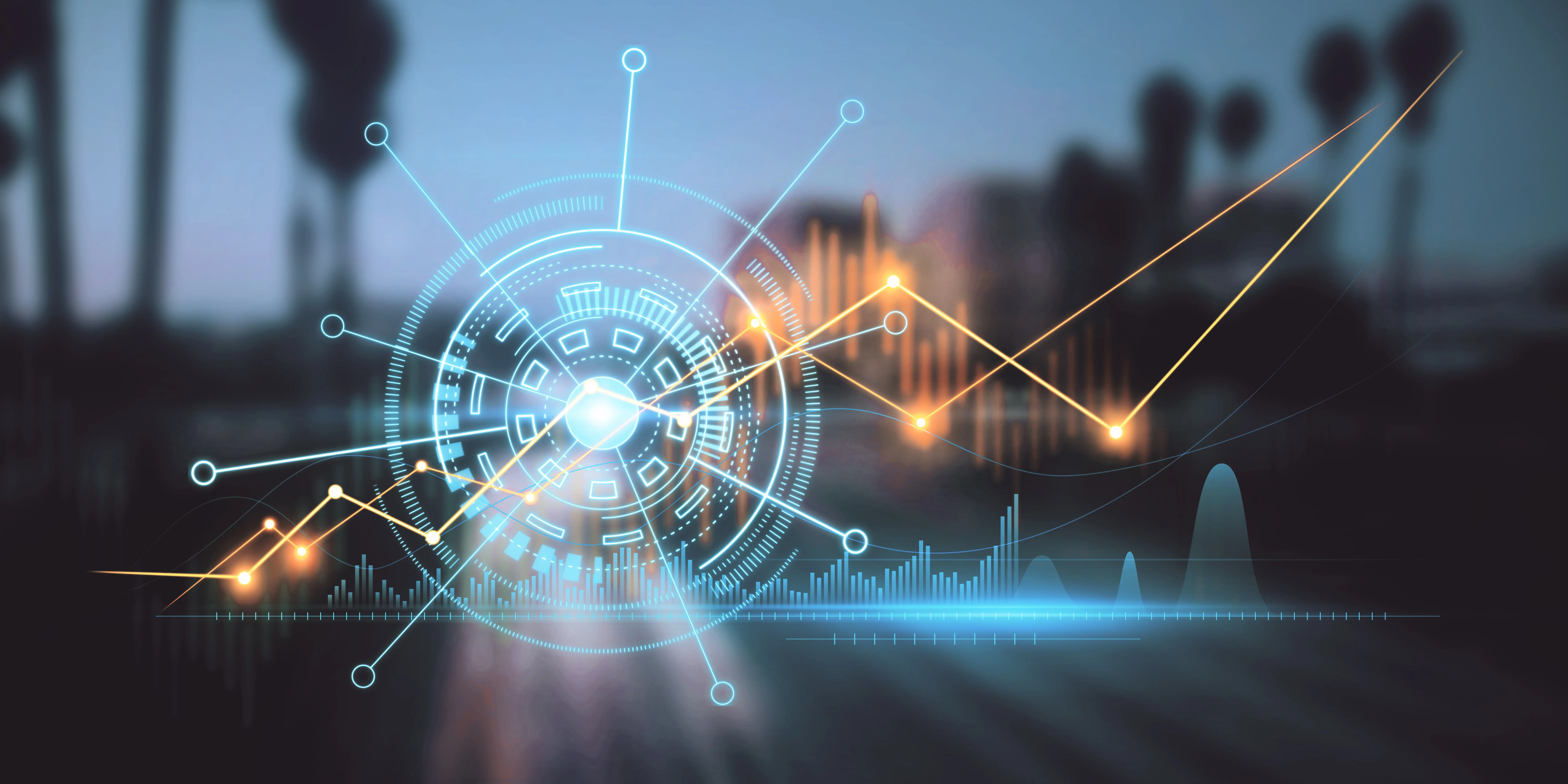 A futuristic digital analytics interface displaying interconnected data points, trend lines, and performance graphs against a blurred urban background, representing predictive analytics and business intelligence.