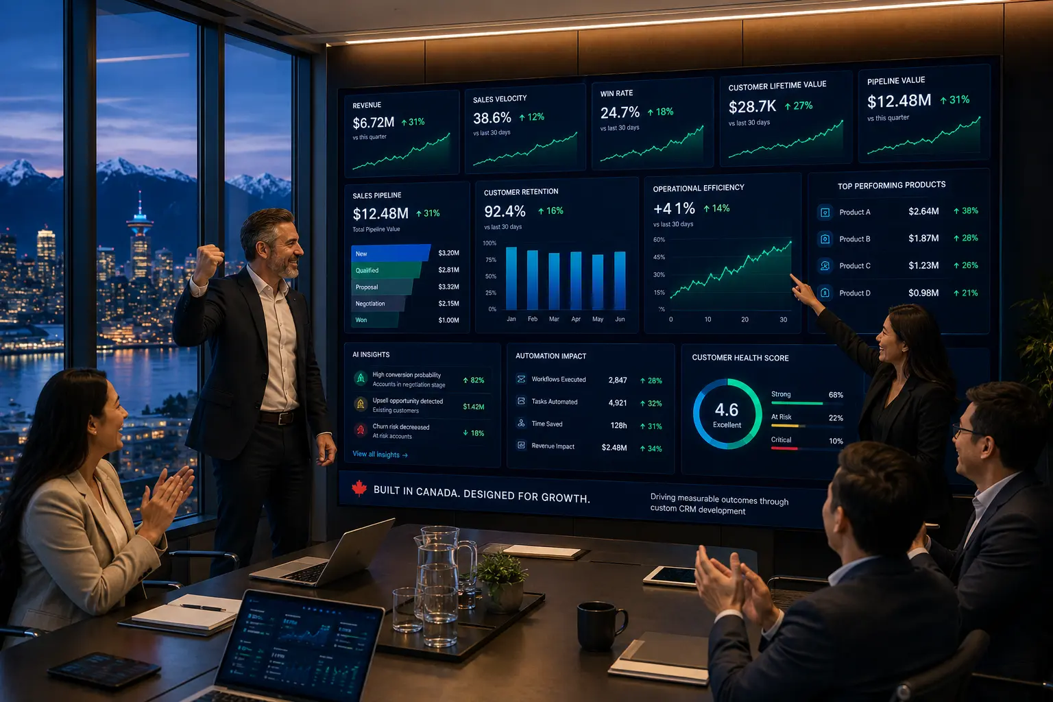 custom CRM development business outcomes showing Canadian leadership team reviewing sales pipeline management revenue growth customer retention and operational efficiency metrics