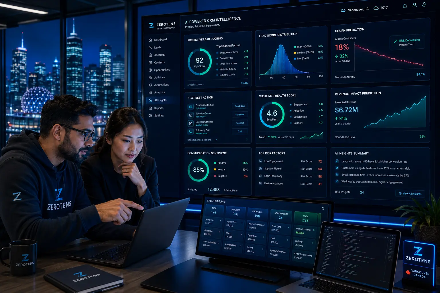 custom CRM development business outcomes showing Canadian leadership team reviewing sales pipeline management revenue growth customer retention and operational efficiency metrics