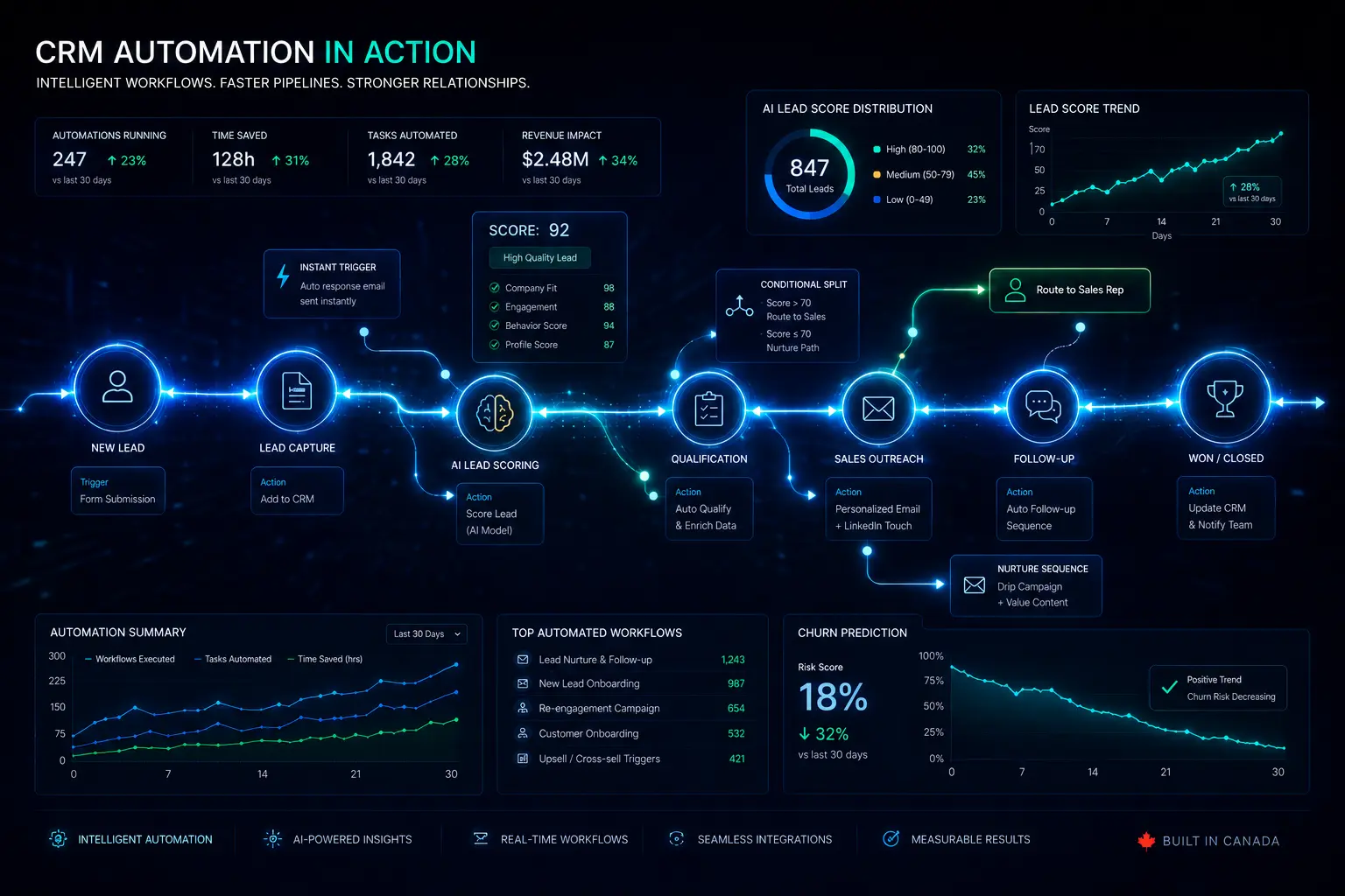 custom CRM development AI integration showing Zerotens team reviewing predictive lead scoring churn prediction and next best action recommendations in Vancouver office