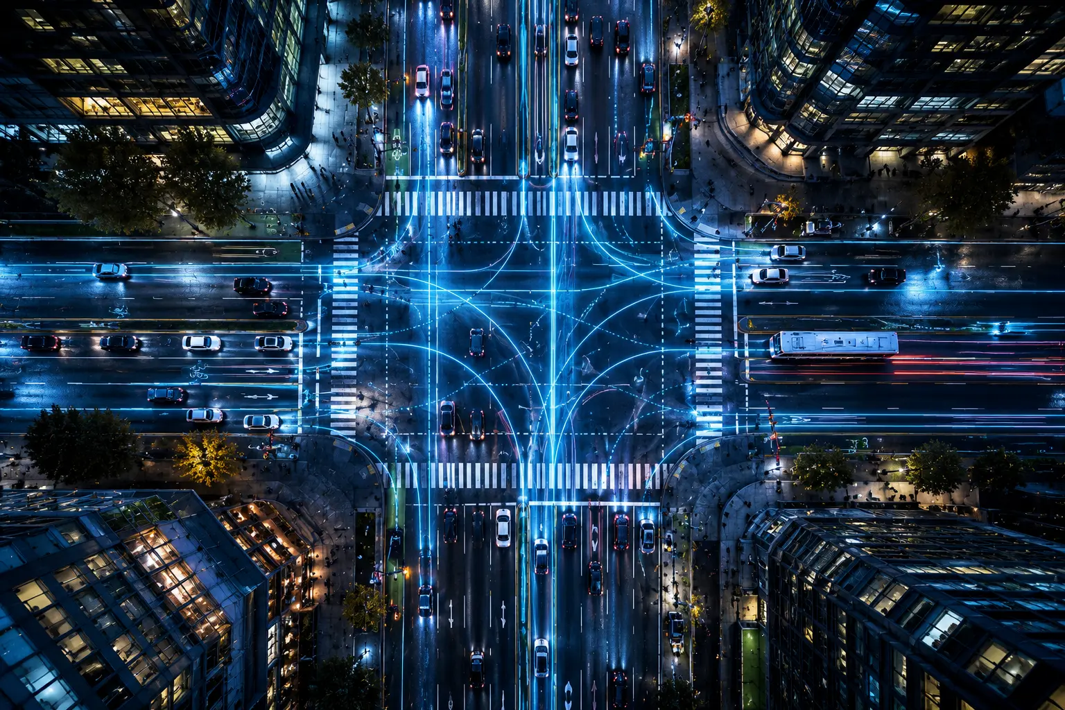 Aerial nighttime view of a busy Vancouver city intersection operating in perfect synchronization, with vehicles, cyclists, buses, and pedestrians moving through wet illuminated streets. Glowing blue light trails trace each movement path, creating a visual metaphor for enterprise AI solutions, process automation, operational efficiency, and intelligent business coordination across complex systems.