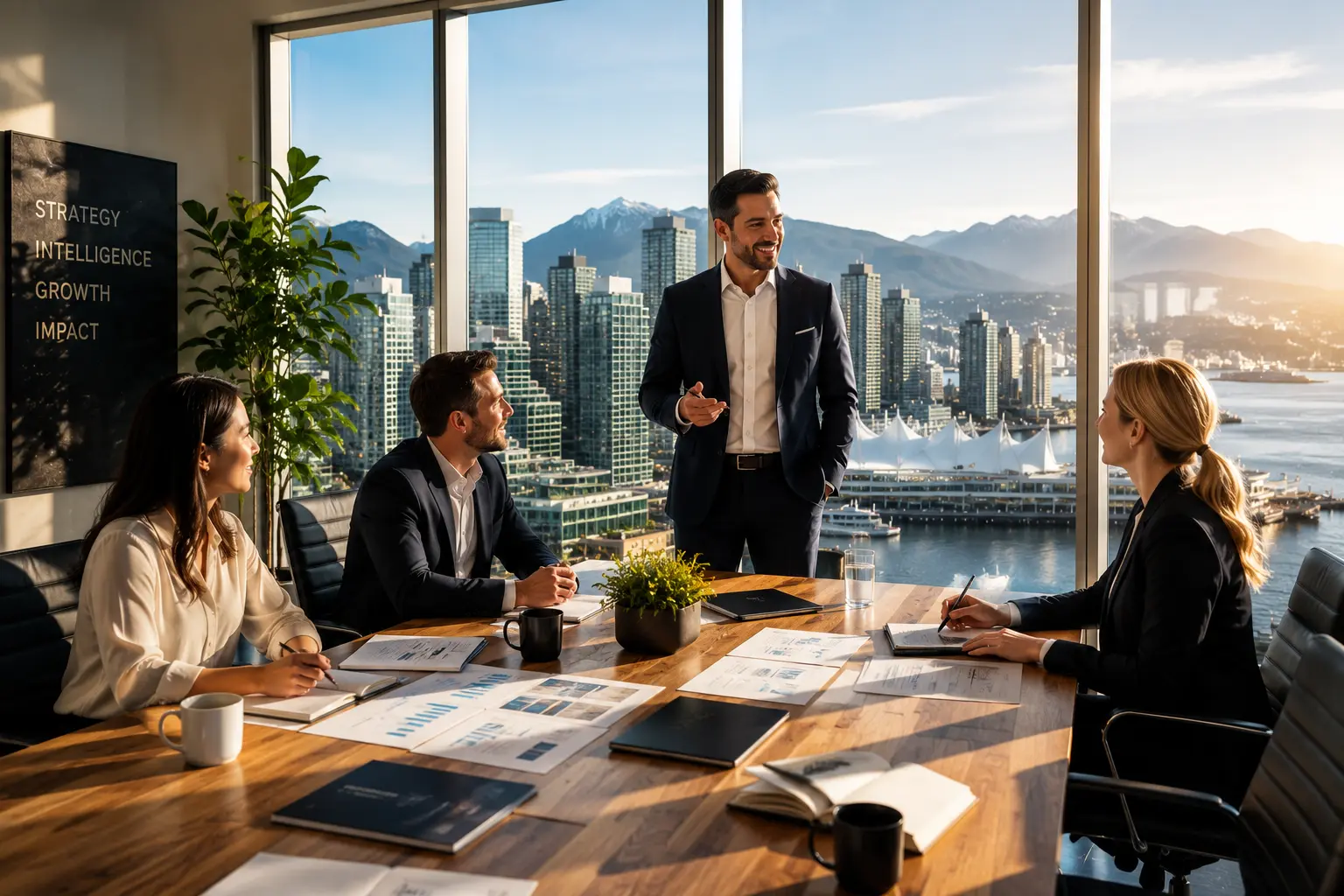 Business leadership team collaborating in a modern Vancouver boardroom with panoramic harbour, skyline, and mountain views. Executives review reports, discuss growth initiatives, and align strategic priorities around a large conference table filled with business planning documents. Warm natural sunlight and an optimistic atmosphere symbolize enterprise AI solutions, digital transformation, and data-driven decision-making.