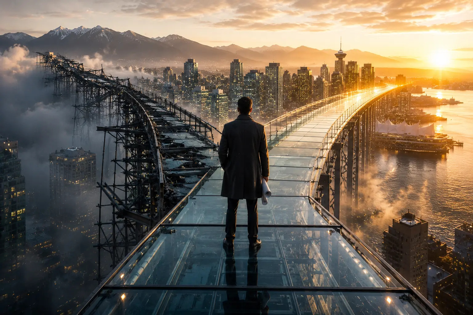 A lone architect stands at the crossroads of two dramatically different paths above the Vancouver skyline. One glass bridge extends toward a bright, thriving future illuminated by golden sunrise light, while the other deteriorates into fog, broken infrastructure, and uncertainty. The scene symbolizes strategic decision-making, enterprise AI solutions, digital transformation, and the long-term impact of choosing the right business direction.