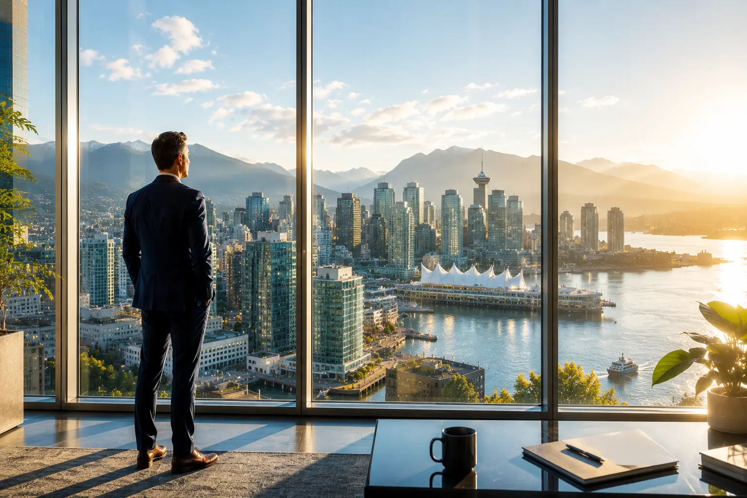 Business leader standing in a modern Vancouver office overlooking the downtown skyline, harbour, and mountains at sunrise. Warm natural light fills the space as the city comes alive below, symbolizing enterprise AI solutions, strategic decision-making, business growth, operational visibility, and long-term organizational transformation.