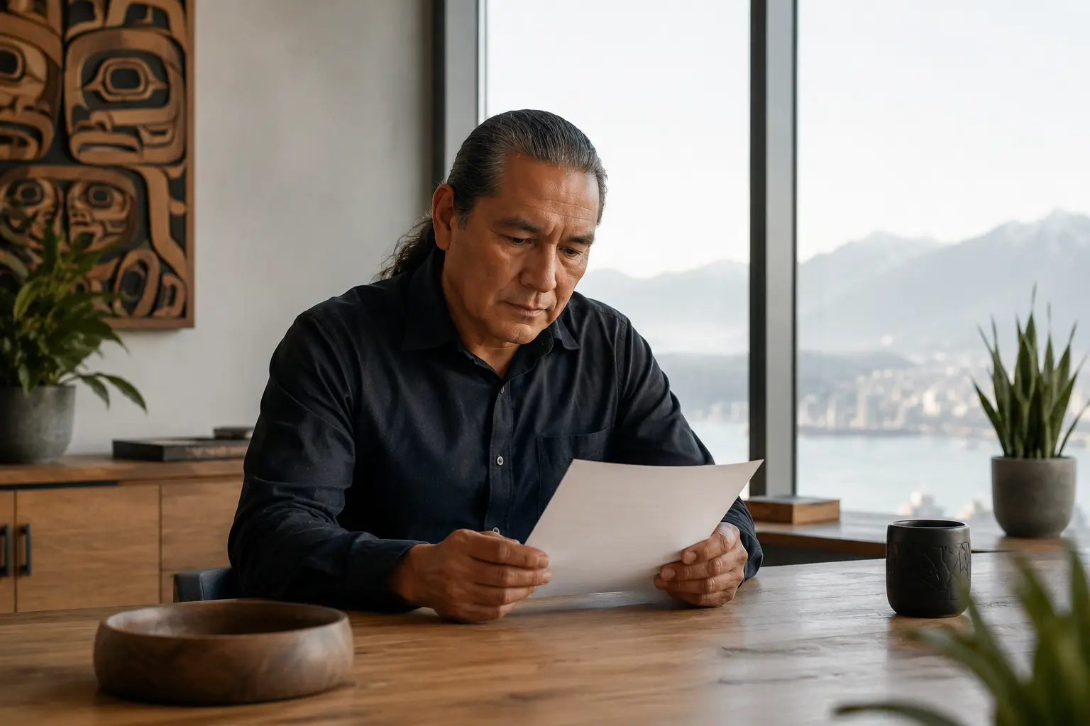 Middle-aged Indigenous Canadian professional seated at a minimalist wooden desk in a bright Vancouver office, carefully reviewing a single sheet of paper. Natural wood finishes, indoor plants, and floor-to-ceiling windows create a calm, focused environment with soft daylight and mountain views in the background. The scene conveys clarity, thoughtful analysis, and confidence before an important decision, with no visible technology or distractions. Editorial-style photography with warm natural tones and a clean, modern workspace aesthetic.