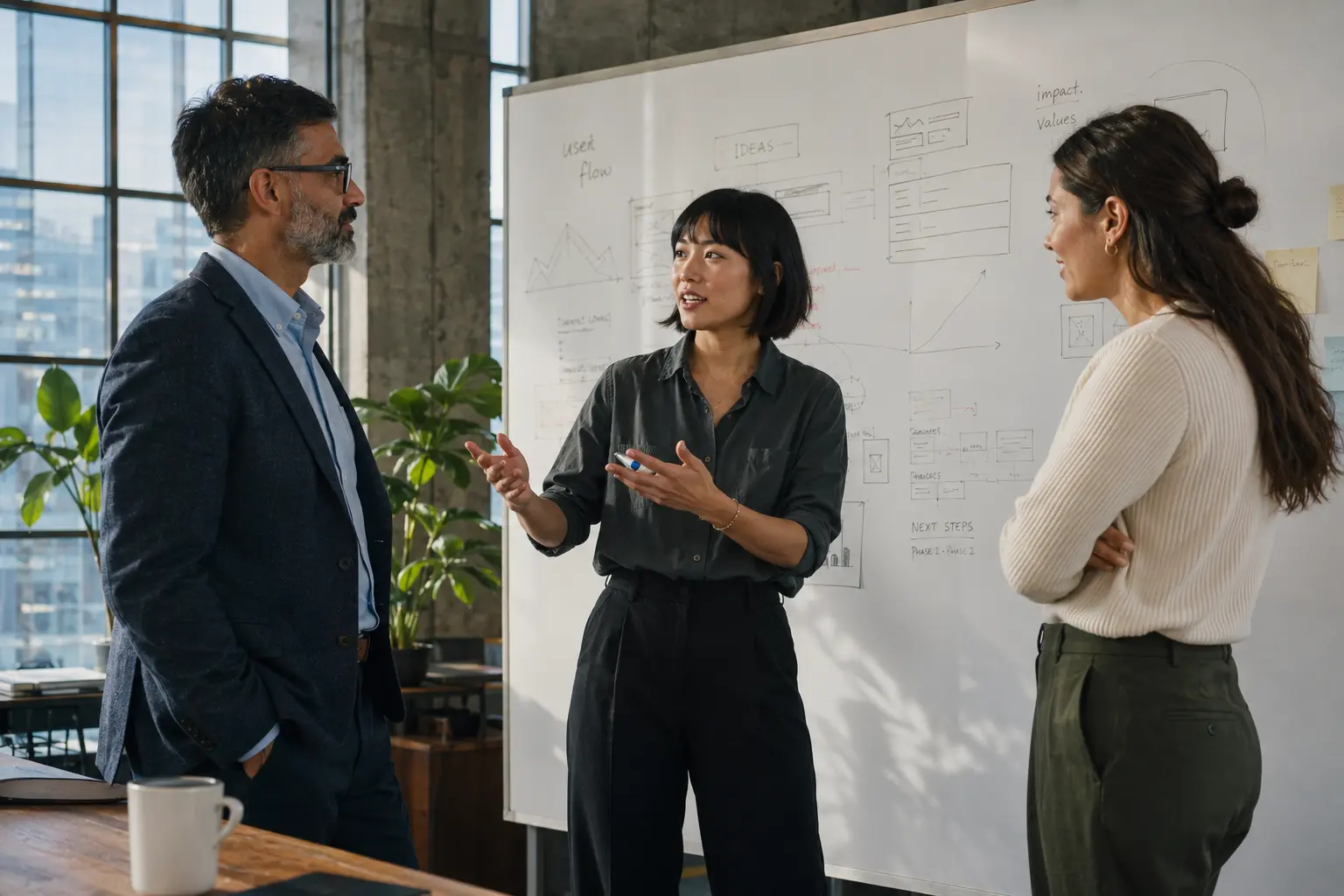Three professionals from diverse backgrounds collaborating around a whiteboard in a modern Vancouver workspace. One team member gestures while explaining ideas, while the others listen attentively and engage in discussion. Simple diagrams and sketches are visible on the whiteboard, with natural morning light streaming through large industrial-style windows. The scene conveys teamwork, strategic thinking, problem-solving, and forward momentum in a bright, contemporary office environment. Editorial-style photography with authentic expressions and a professional yet approachable atmosphere.