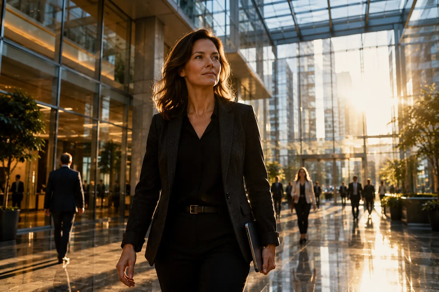 Confident professional woman walking through the glass atrium of a modern Vancouver office tower at golden hour. She carries a tablet at her side and moves with purpose through a bright, open space filled with natural light streaming through floor-to-ceiling glass walls and ceilings. Other professionals appear softly blurred in the background, emphasizing her focus and direction. The scene conveys leadership, confidence, strategic clarity, and forward momentum in a contemporary corporate environment. Editorial-style photography with warm natural tones, reflective surfaces, and a premium business atmosphere.