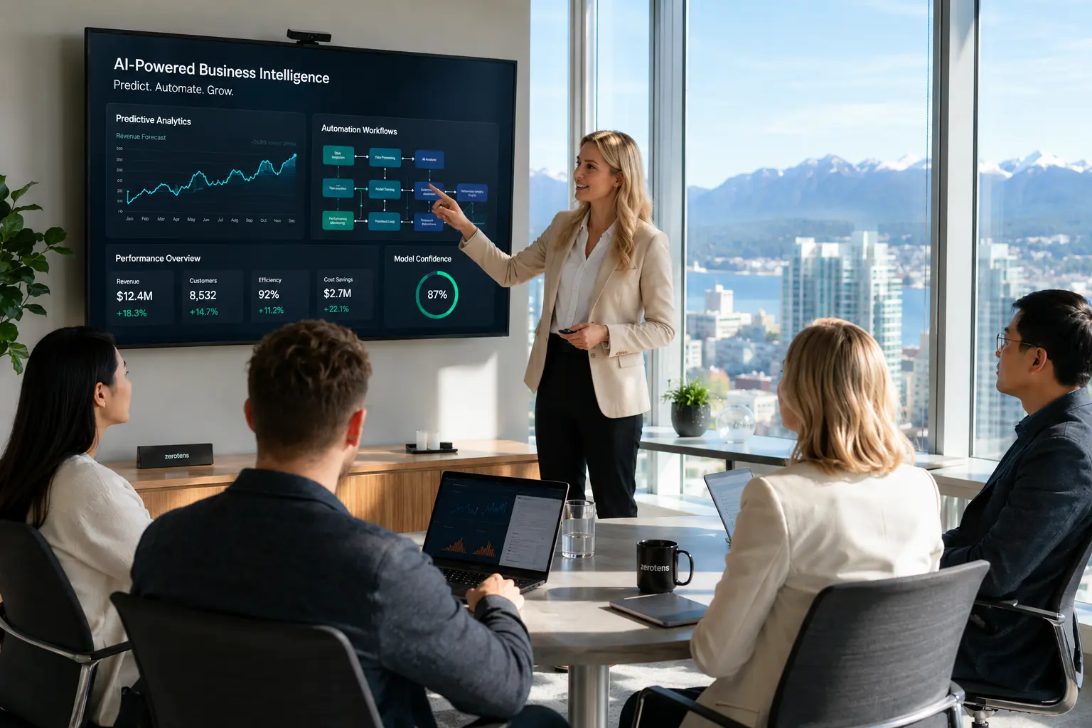 predictive analytics for business showing analyst reviewing demand forecasting dashboard in bright Vancouver office