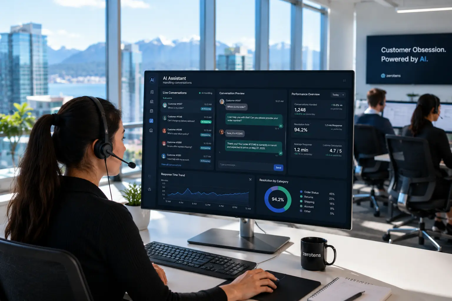 AI assistants for business shown handling customer service conversations in bright Vancouver operations center