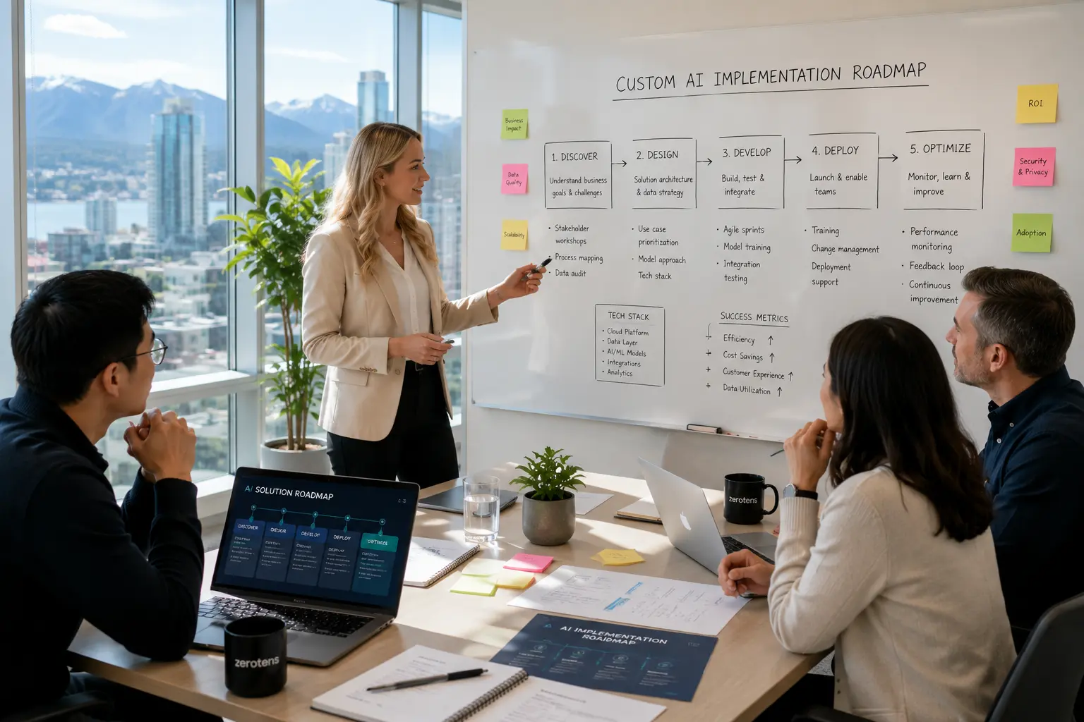 custom AI solutions for business implementation showing Zerotens strategy team reviewing roadmap with client in bright Vancouver office 