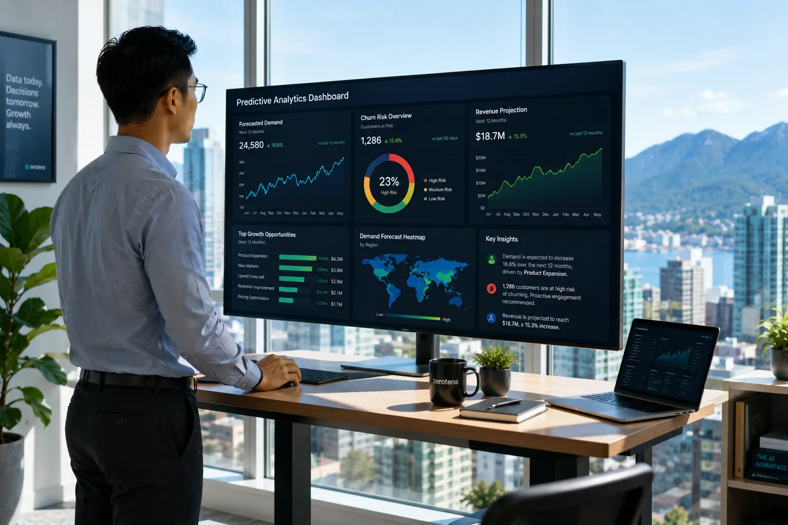 AI solutions for business showing professional team reviewing analytics dashboard in bright Vancouver office