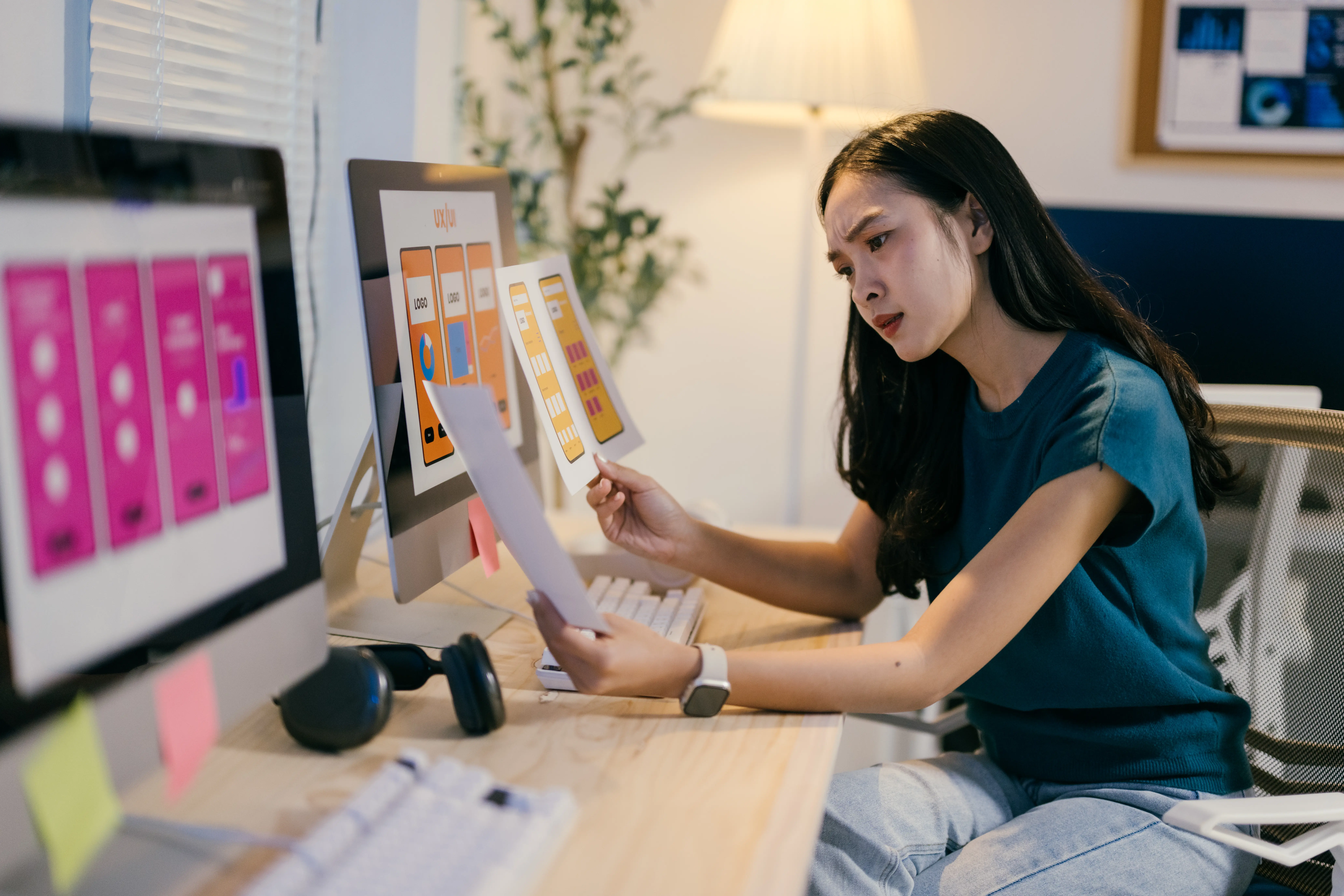 A UX designer presenting mobile application wireframes and interface concepts on a design board filled with sketches, user flows, and prototype layouts.