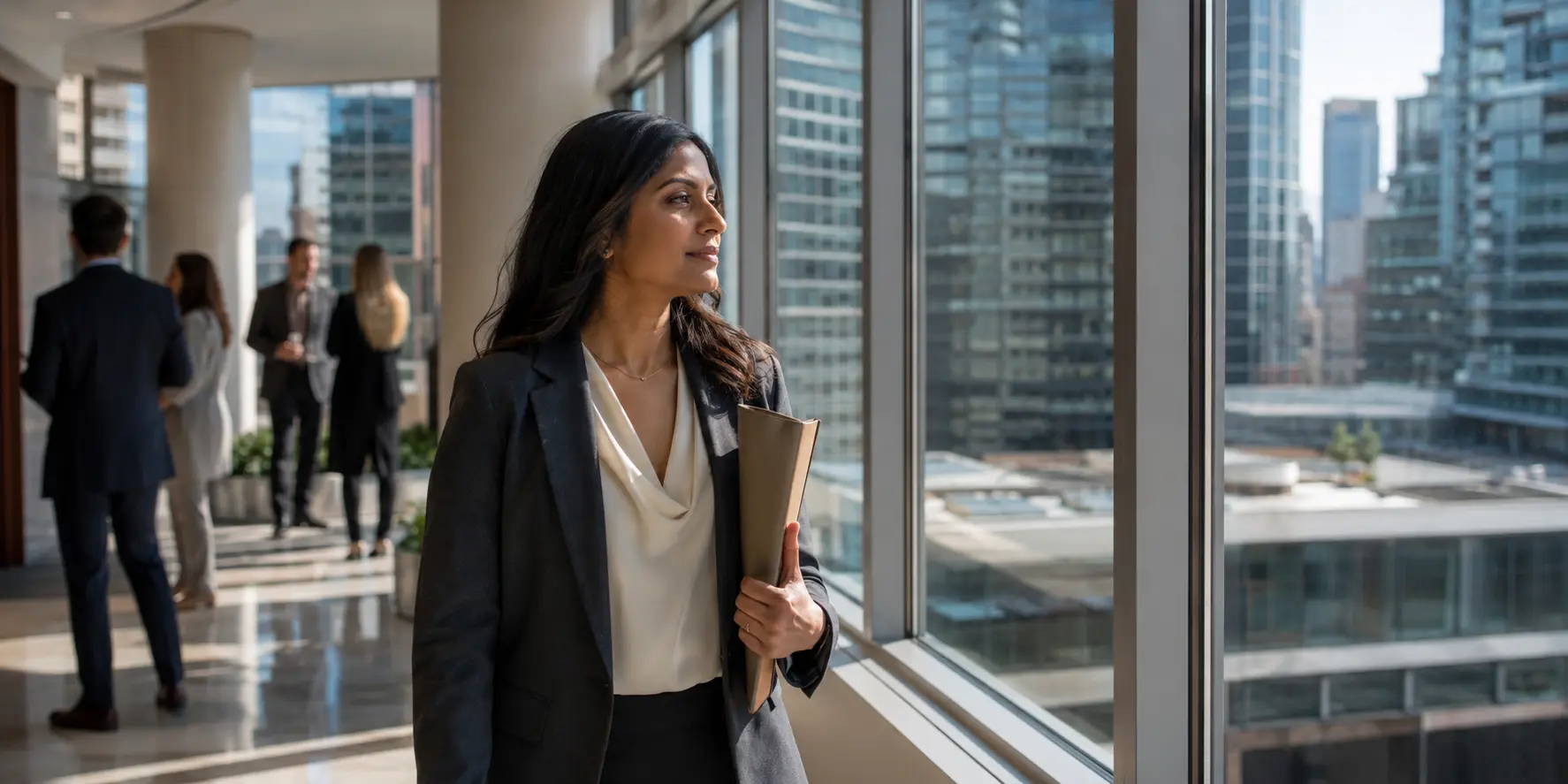 A professional pauses by a window overlooking the city, reflecting on priorities and future opportunities before the start of the workday.