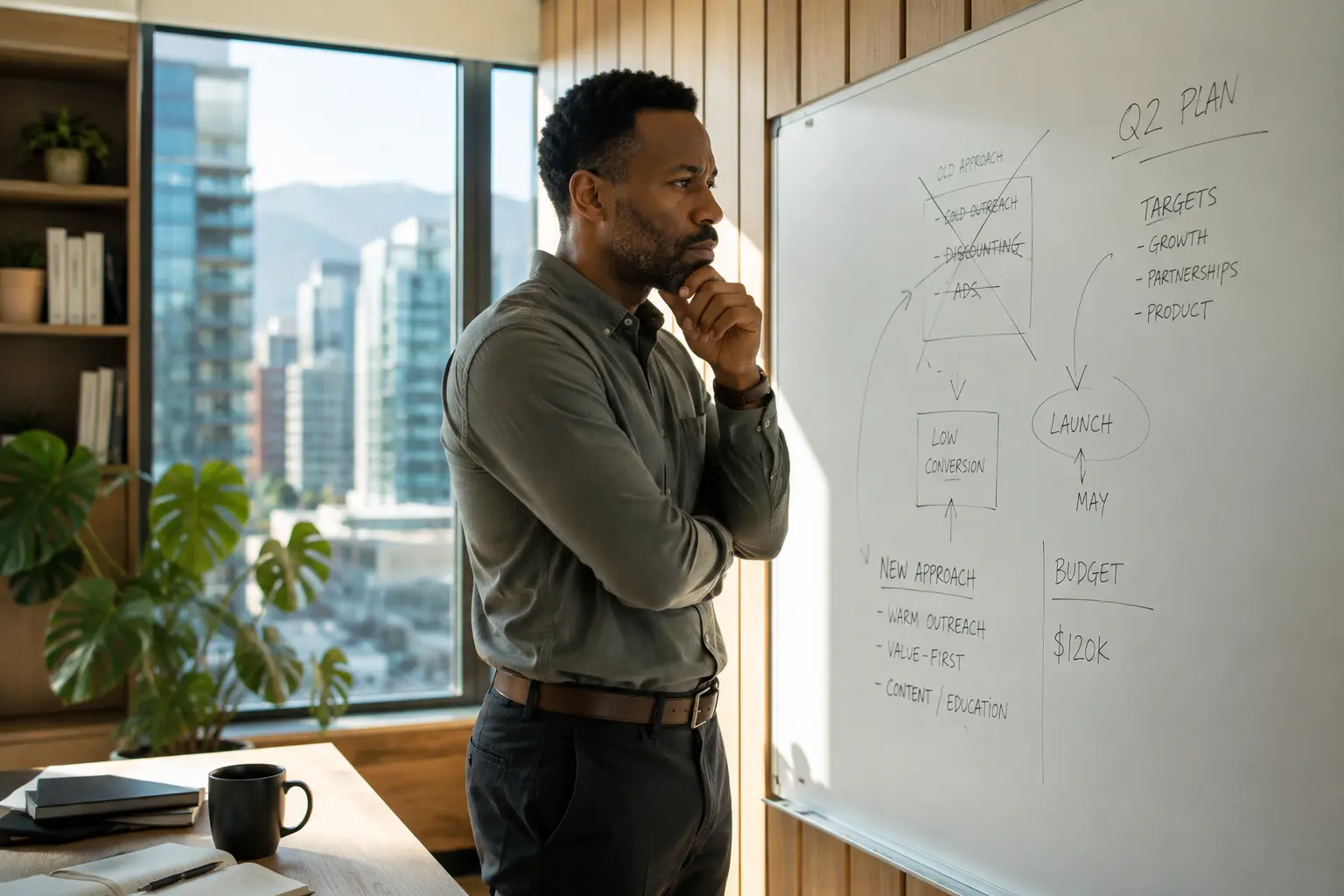 A business professional reviews a strategic planning board, analyzing priorities and refining the next steps for organizational growth.
