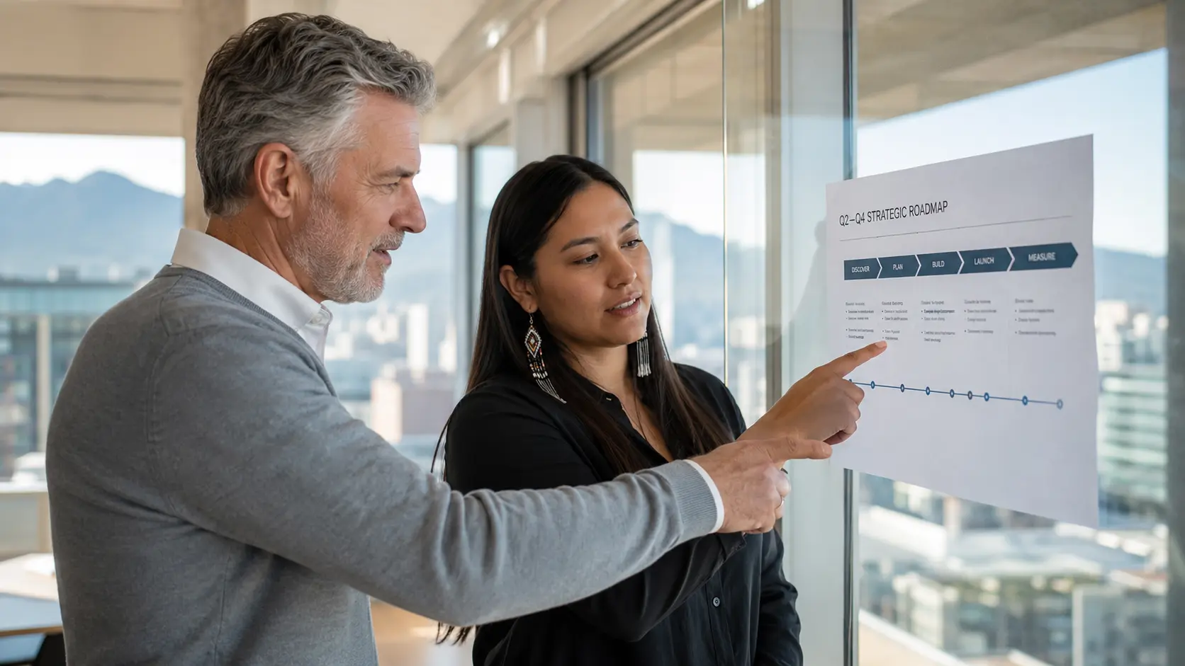 Two professionals review a strategic roadmap together, discussing priorities and implementation milestones in a collaborative planning session.