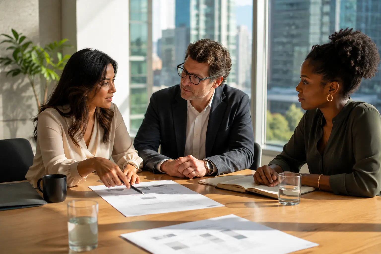 AI Readiness Assessment- Three professionals collaborate around a meeting table in a bright Vancouver office, reviewing printed documents and discussing strategy in a focused, team-oriented environment.