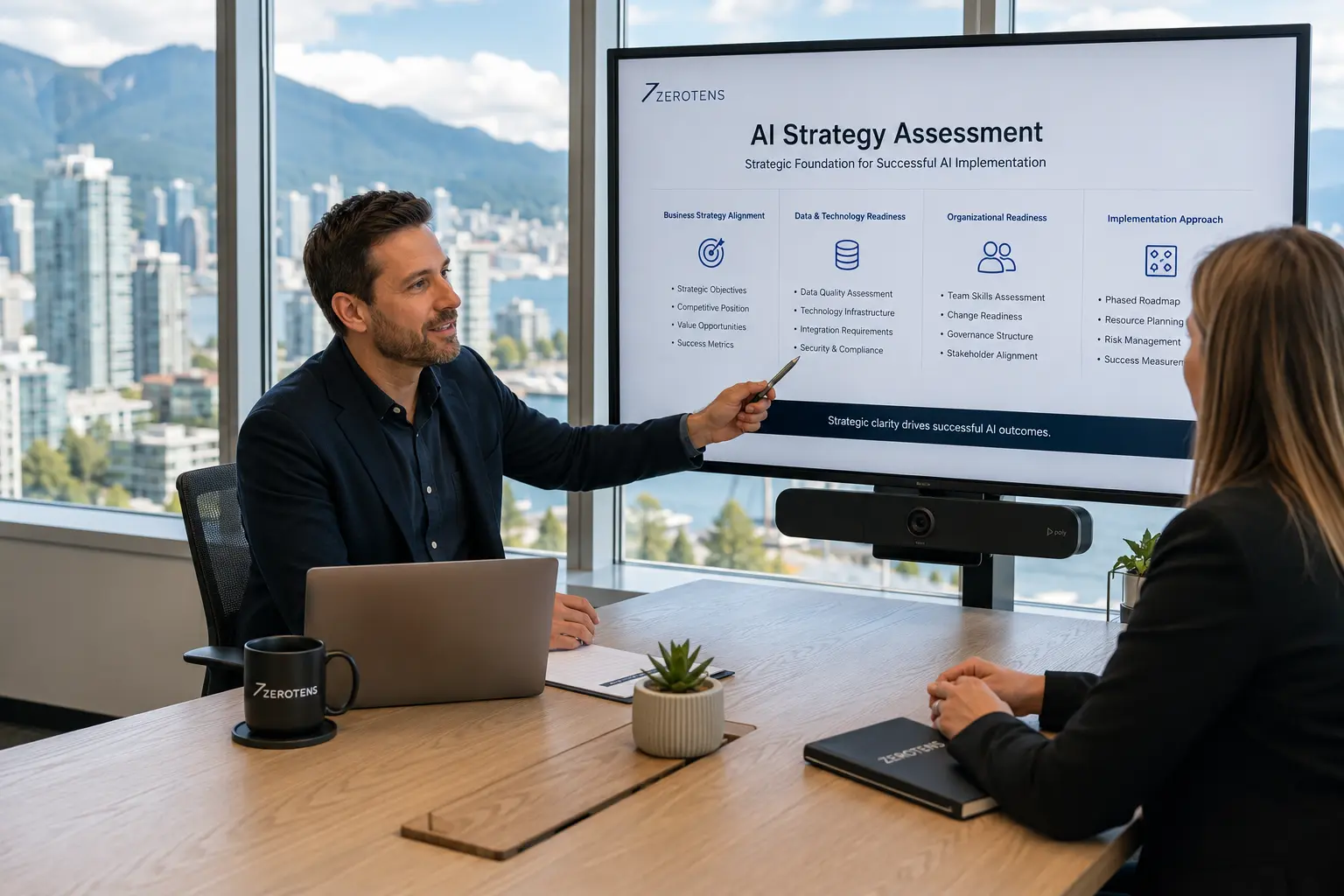 AI consulting services showing Zerotens consultant presenting AI strategy assessment to client in bright Vancouver consulting office