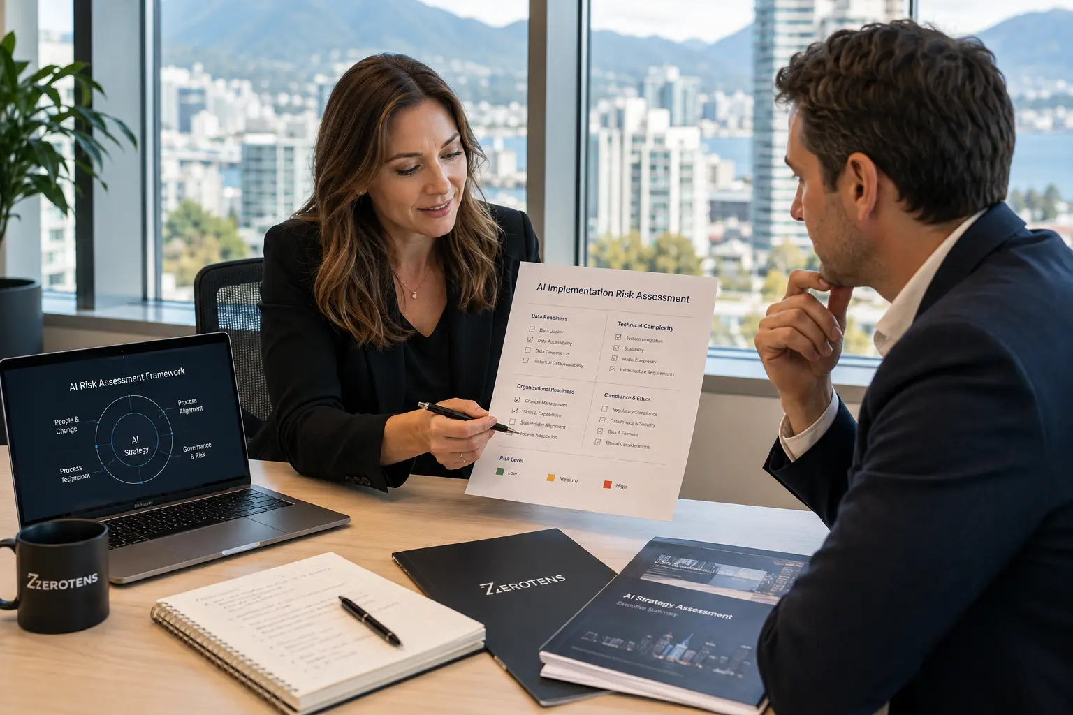 AI consulting services opportunity assessment showing team mapping AI use cases by commercial impact in bright Vancouver office